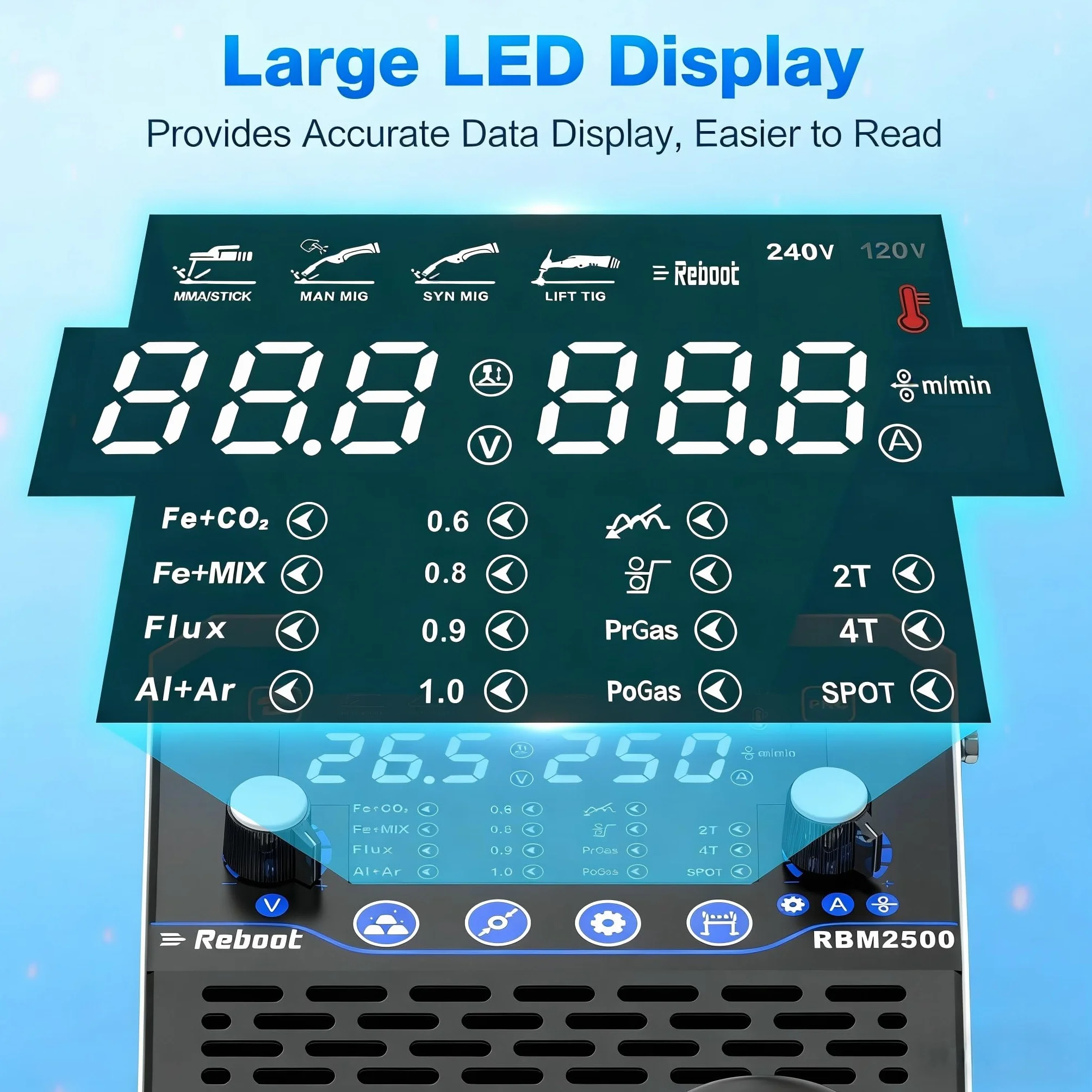 Reboot Soldadora multifunción 7 en 1 205 A – MIG/MAG, sin gas, MMA, Lift-TIG, soldadura por puntos, preparación de aluminio, pantalla digital, 240 V, ideal para bricolaje y taller
