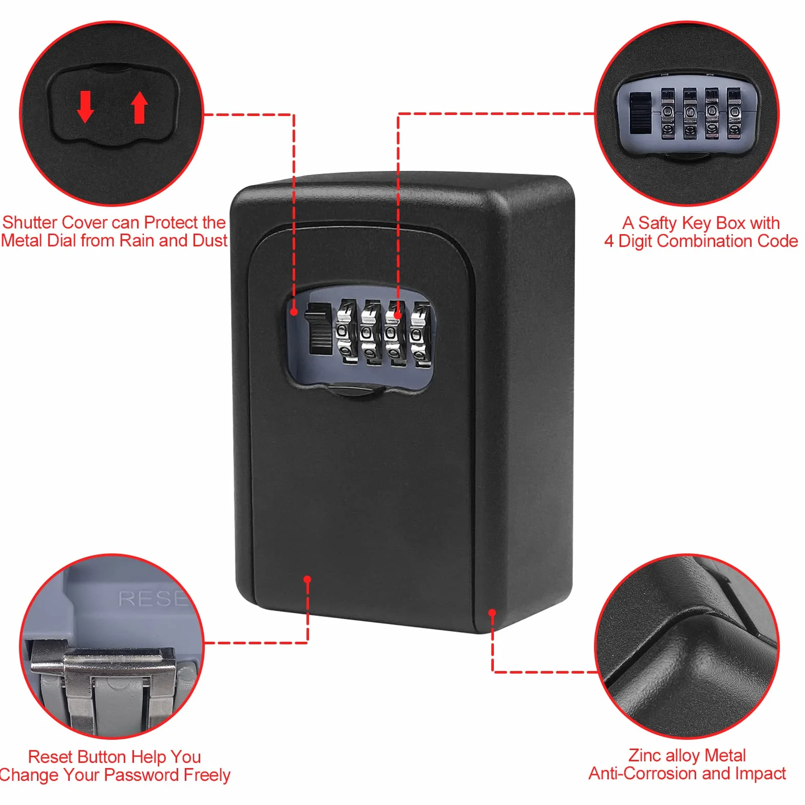 Ceisazira Caja de Seguridad para Llaves con Código de 4 Dígitos, Impermeable, Resistente a la Corrosión, Pared, Negro