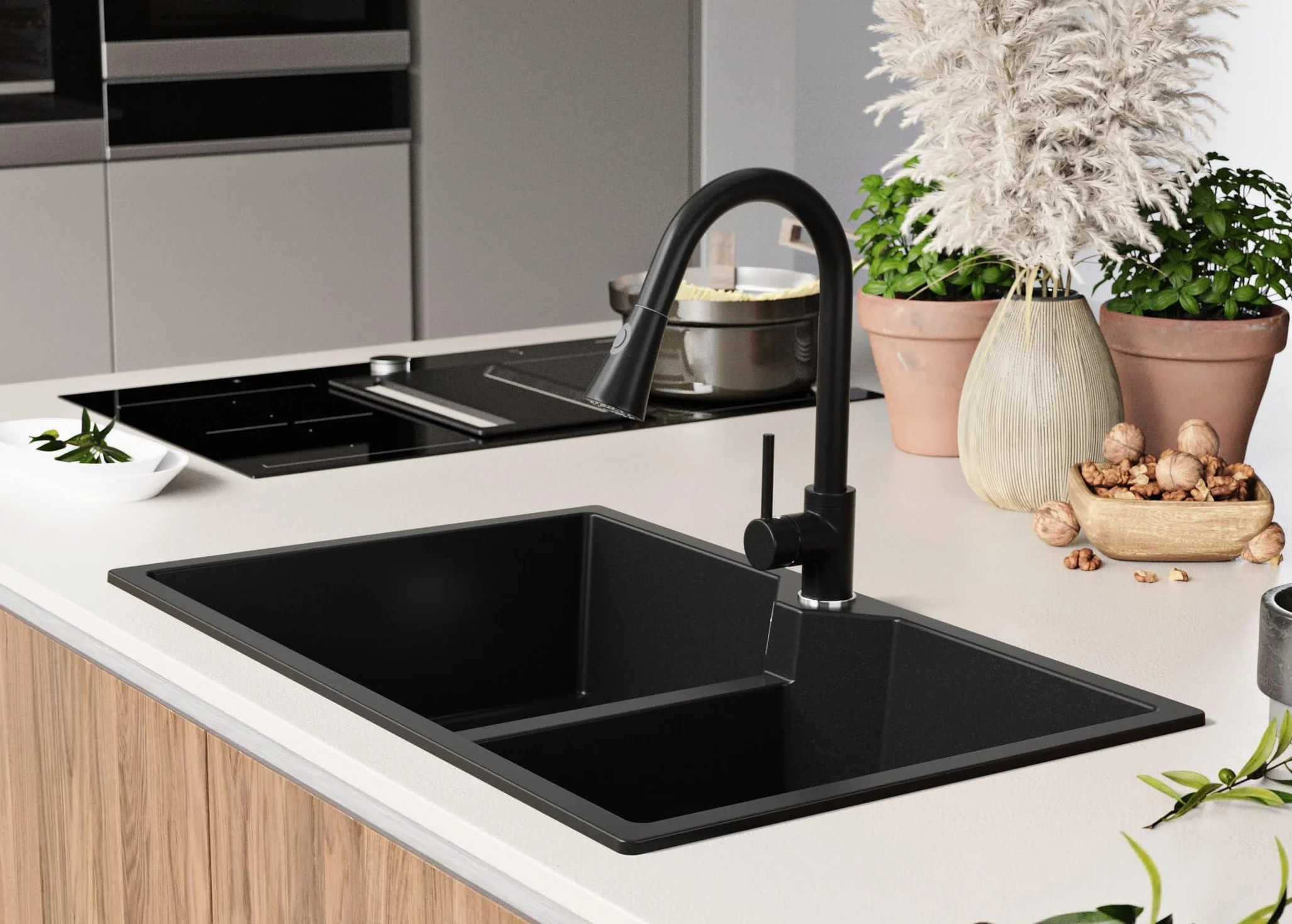 PRIMAGRAN Fregadero Cocina Negro 78x50cm, Granito 2 Senos + Sifón, Sobre Encimera al Mueble 80cm - Madrid Twin S001