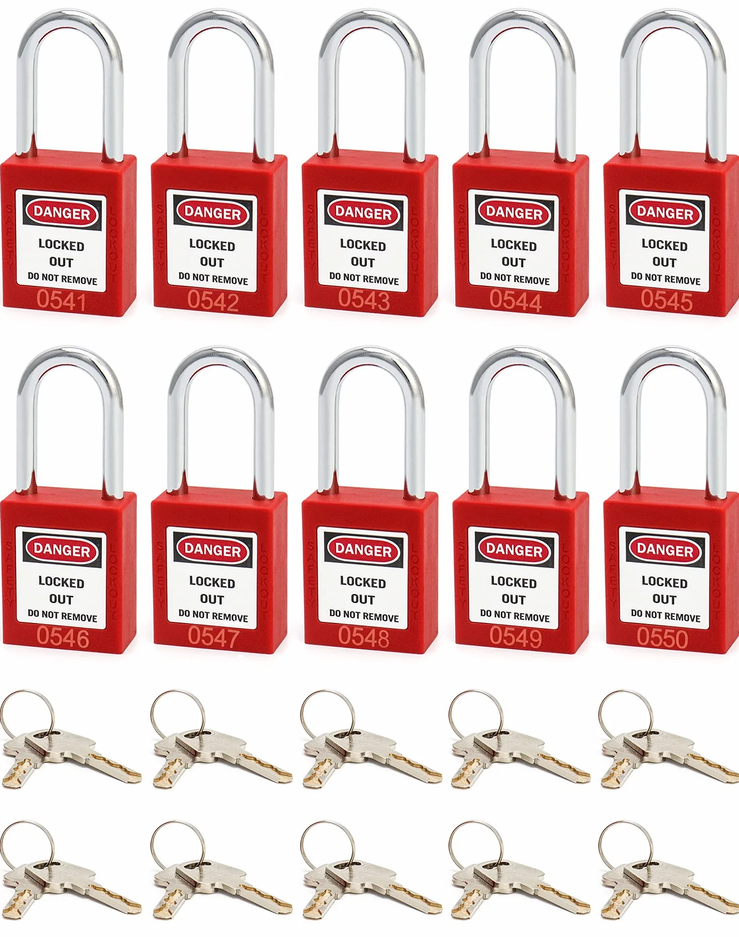 QWORK® Candado de seguridad rojo para bloqueo y etiquetado, 10 paquetes candados con 20 Clave, 38mm Steel Shackle