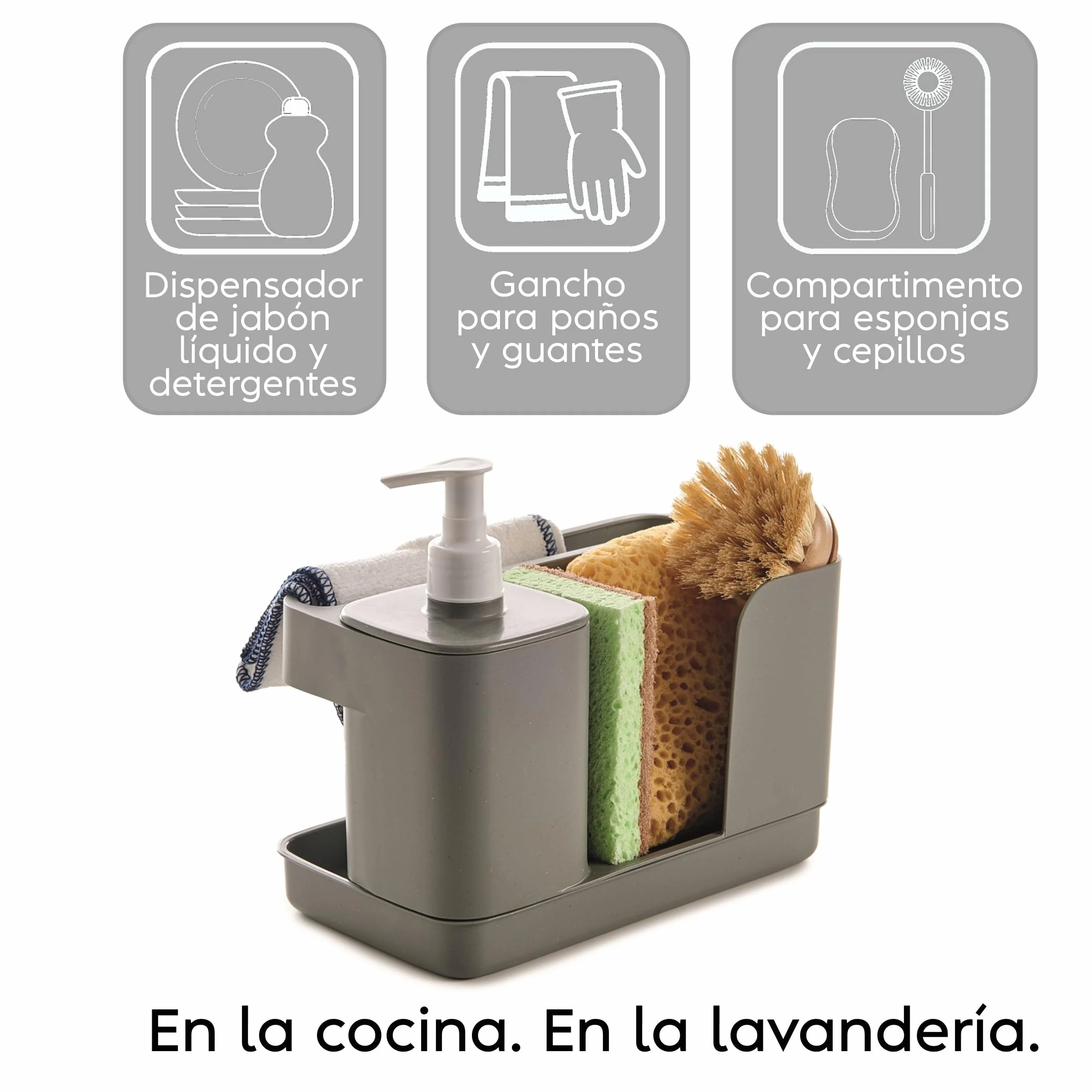 Riordinello Dispensador Jabón Baño Cocina 400 ml Organizador Fregadero Esponjas Bandeja 21x12x18 Gris