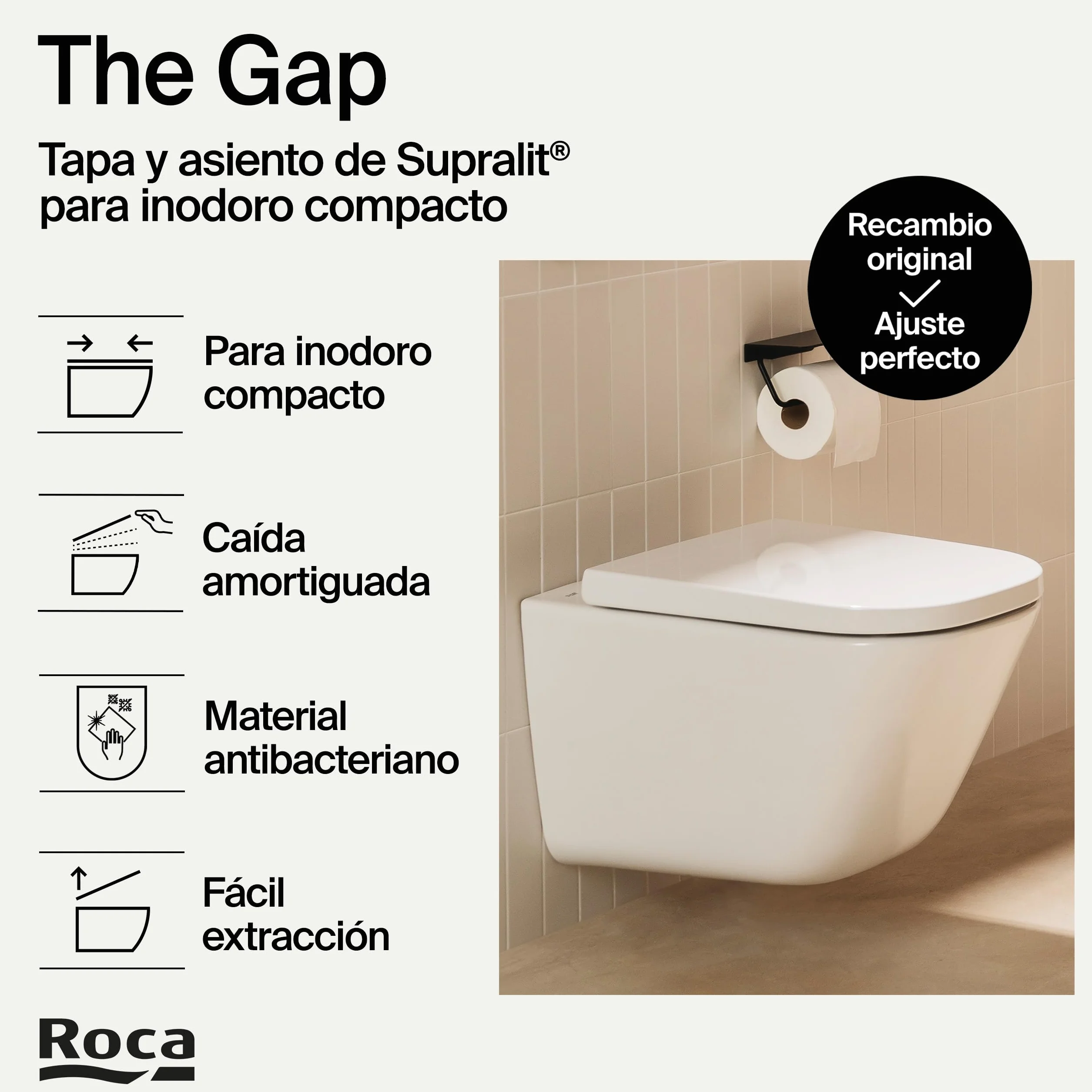 Roca The Gap - Tapa y asiento de Supralit para inodoro compacto, tapadera de WC original con caída amortiguada, recambio de tapa de váter resistente, blanco, A80173200B