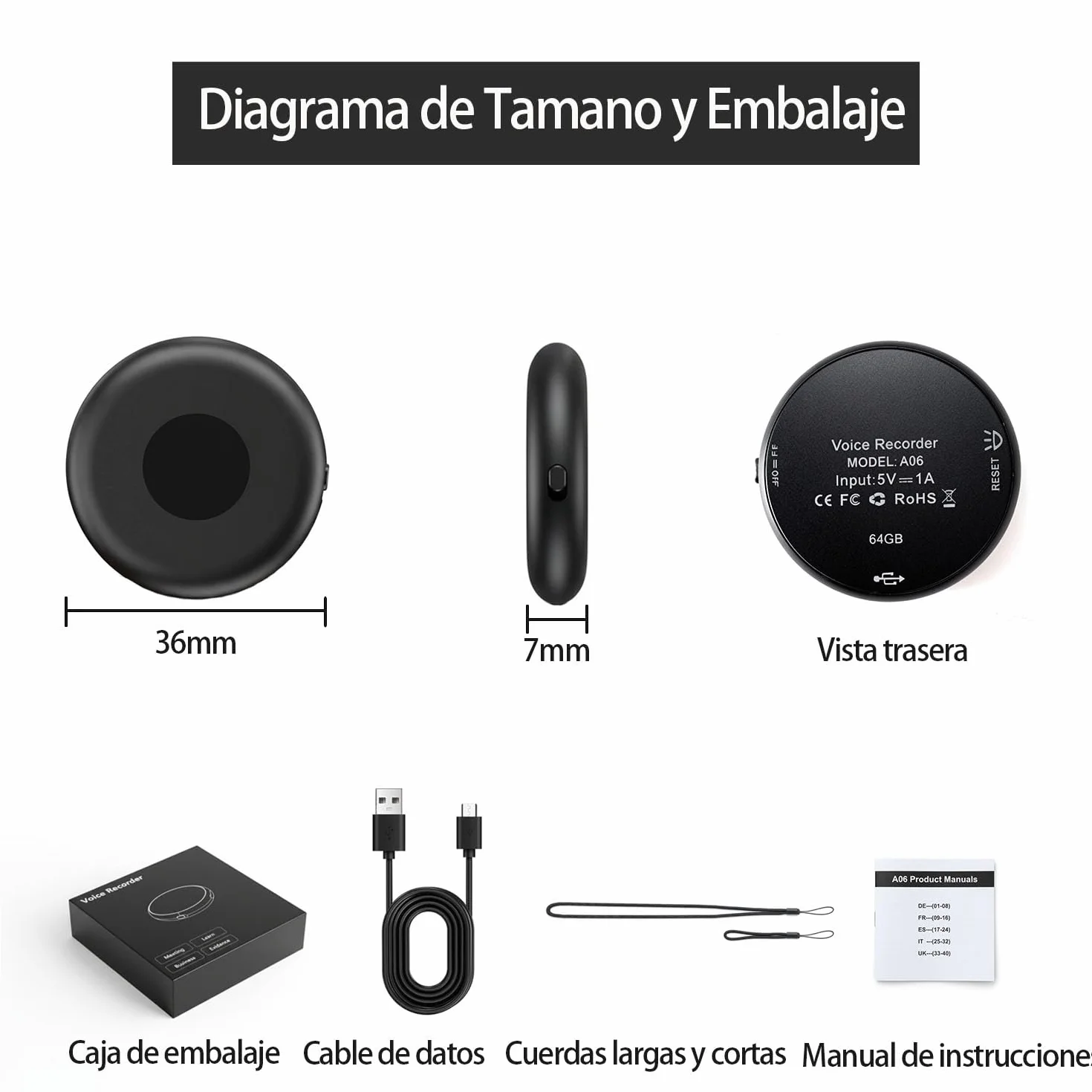 Grabadora de Voz Espía Oculta 64GB Recargable USB Activación por Voz