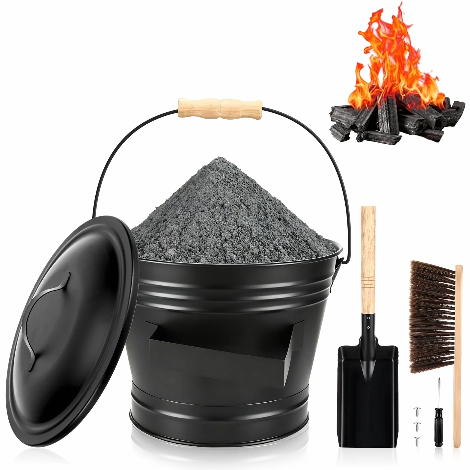 Cubo Tapa, 6L Cubo Cenizas con Tapa, Accesorio Chimenea con Pala, Escoba, Cubo de Cenizas de Metal para chimeneas, Estufas de leña, Carbón y Ceniza