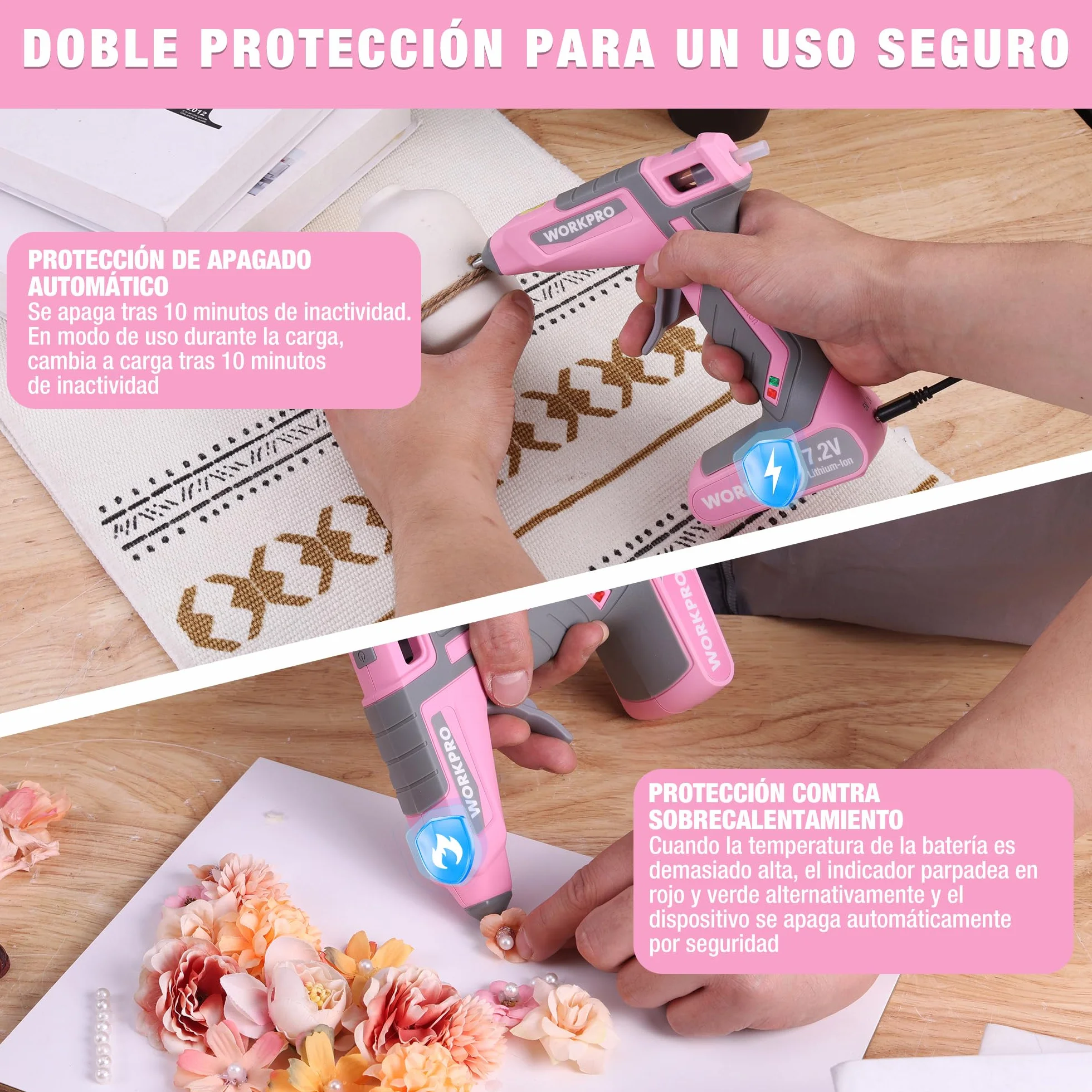 WORKPRO Pistola de Silicona 7,2 V Inalámbrica y con Cable, 20 Barras Incluidas, Calentamiento Rápido 30 s, Flujo Constante de Pegamento, Carga USB-C, para Manualidades y Reparaciones | Calentamiento Rápido en 30s con Flujo Constante para Manualidades, Rep