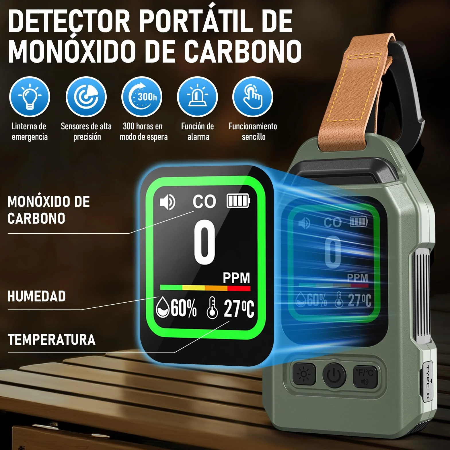 Detector de Monóxido de Carbono Portátil, 300 Horas de Autonomía, Medidor de Temperatura y Humedad, con función de Alarma y Linterna de Emergencia, Ideal para acampadas, Viajes, Coches y cocinas.