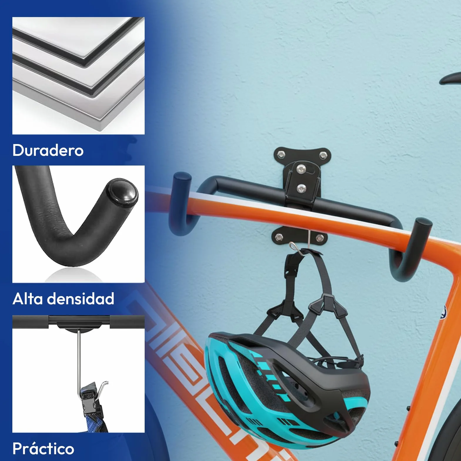 Samos® Soporte Bicicletas Pared Plegable – Colgador de Bicicleta de Universal con Ganchos Revestidos y Estructura de Acero – Soporte Pared Bicicleta Ajustable para Montaña, Carretera o Paseo