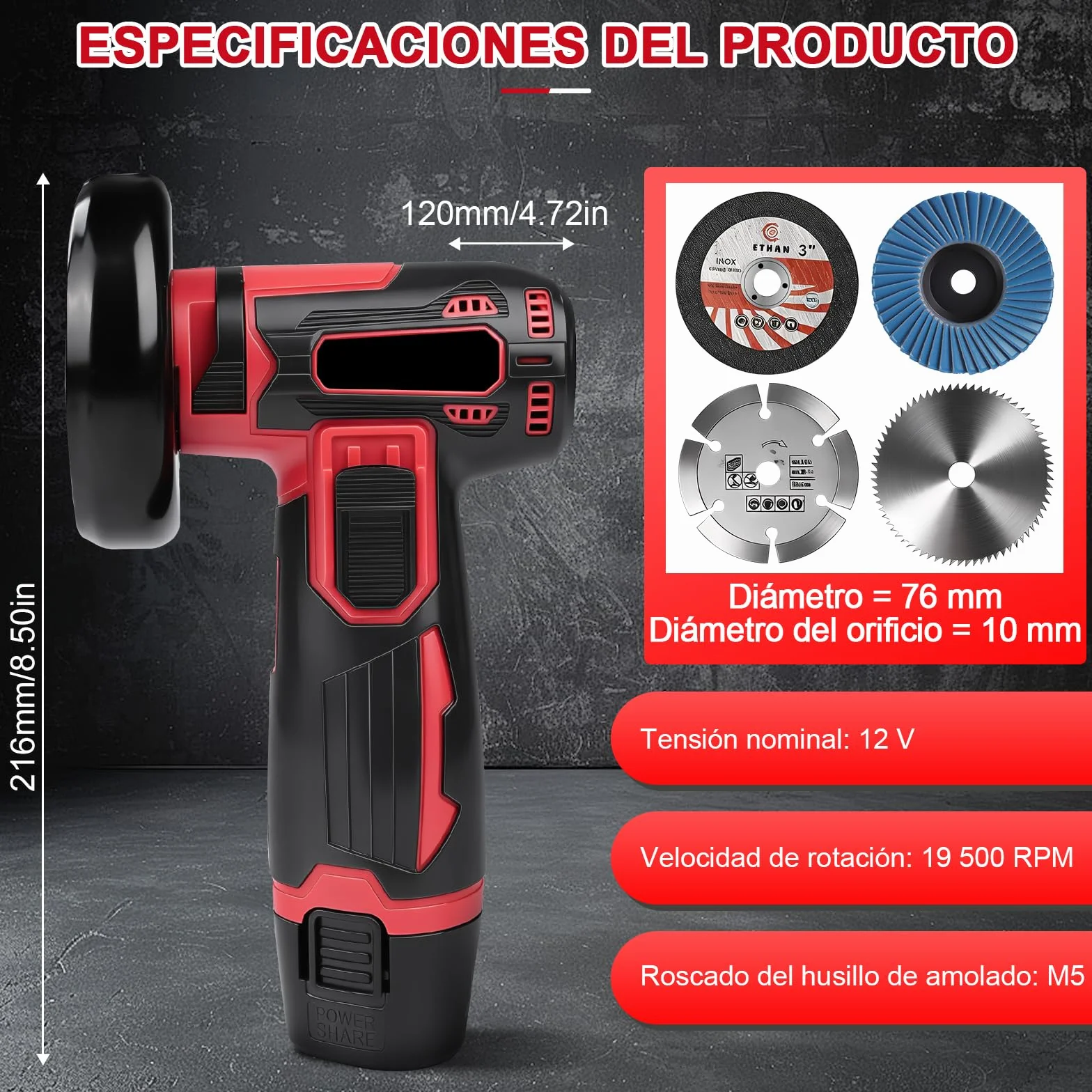 Mini Amoladora Angular Bateria, 19500rpm 76mm Mini Radial Bateria Con 2 Baterías 1300mAh 12V Y Discos Para Cortar Y Pulir, PequeñA Amoladora Inalambrica Para Esmerilar, Pulir, Cortar