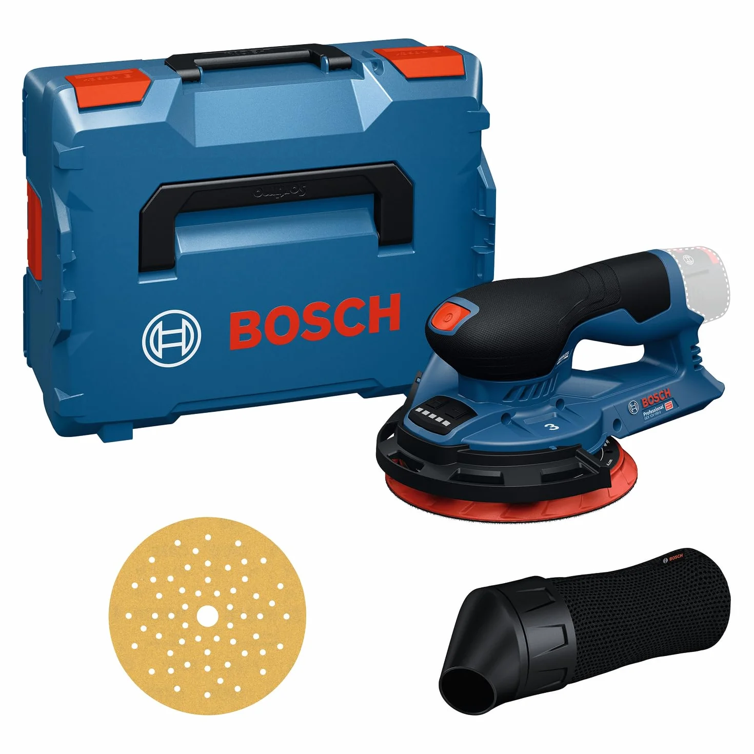 Lijadora excéntrica a batería Bosch Professional 12V GEX 12V-150-3 (incl. plato de lija, hoja de lija, anillo protector, saco para polvo, L-BOXX 162)
