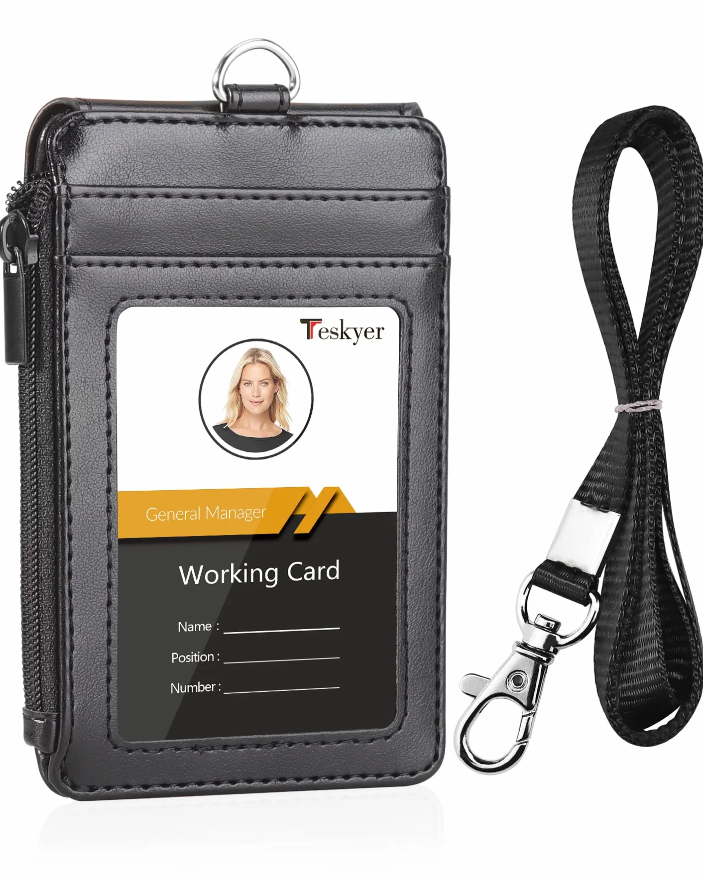 Teskyer Porta Tarjetas Identificativas, Cuero PU, con Bolsillo de Cremallera, Cordón de Nylon, 3 Ranuras para Tarjetas, para la Oficina, la Escuela, Las Tarjetas de crédito, Negro
