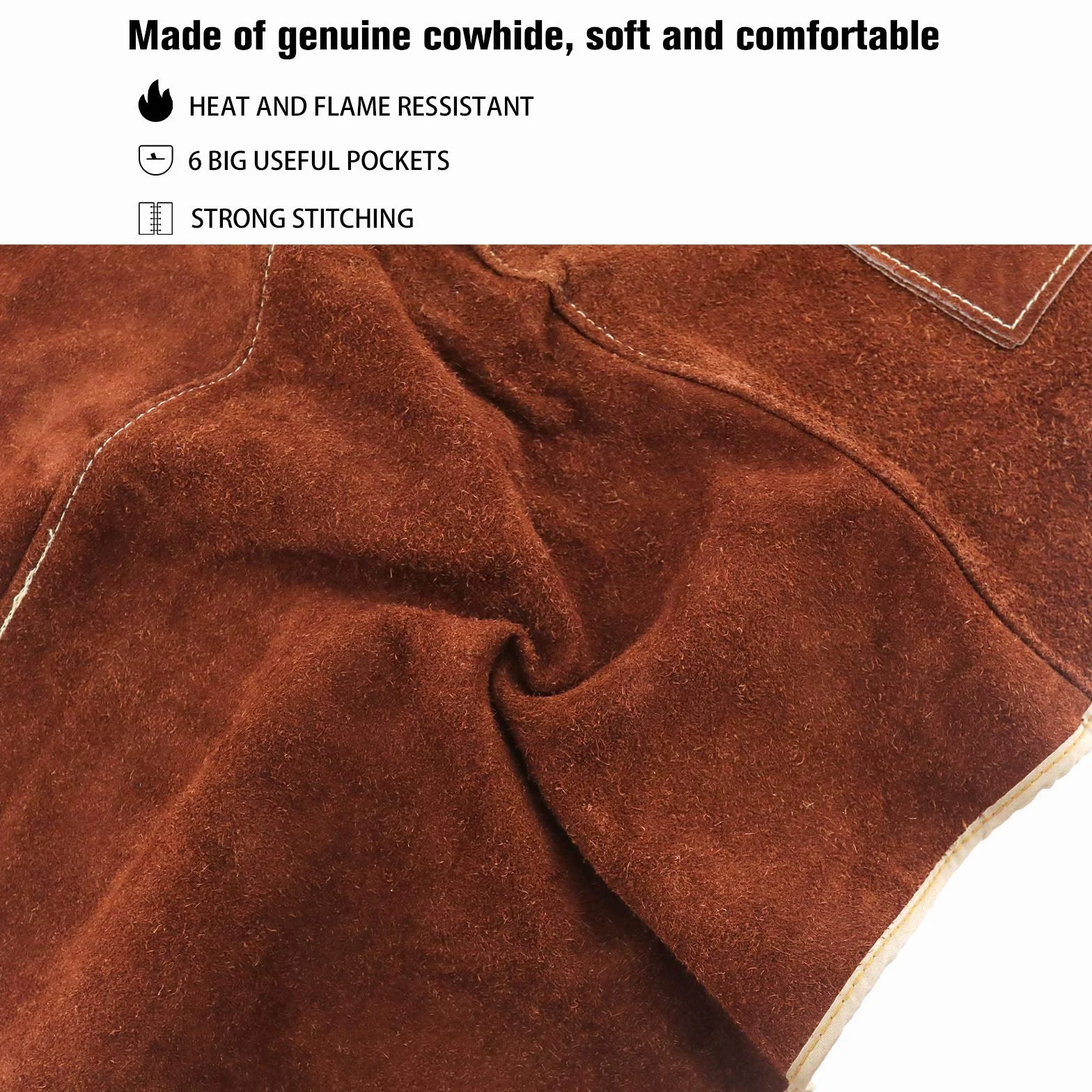EMSea Delantal de Soldadura de Bolsillo Cuero de Vaca con Hebilla de Liberación Rápida Longitud Ajustable para Hombres Y Mujeres - 90x60 Cm (marrón Oscuro)