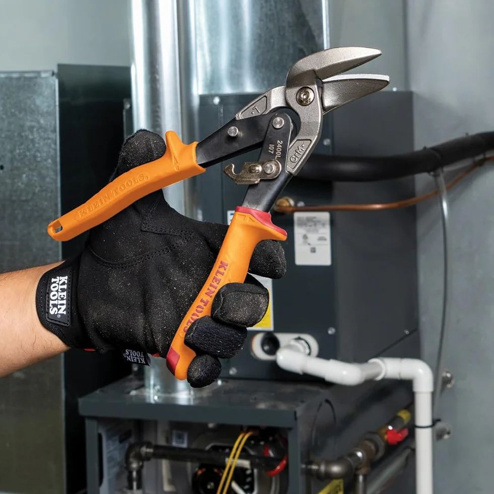 Klein Tools Tijeras compensadas de corte izquierdo 2400L, tijeras de hojalata de aviación con hoja forjada para corte de chapa de precisión