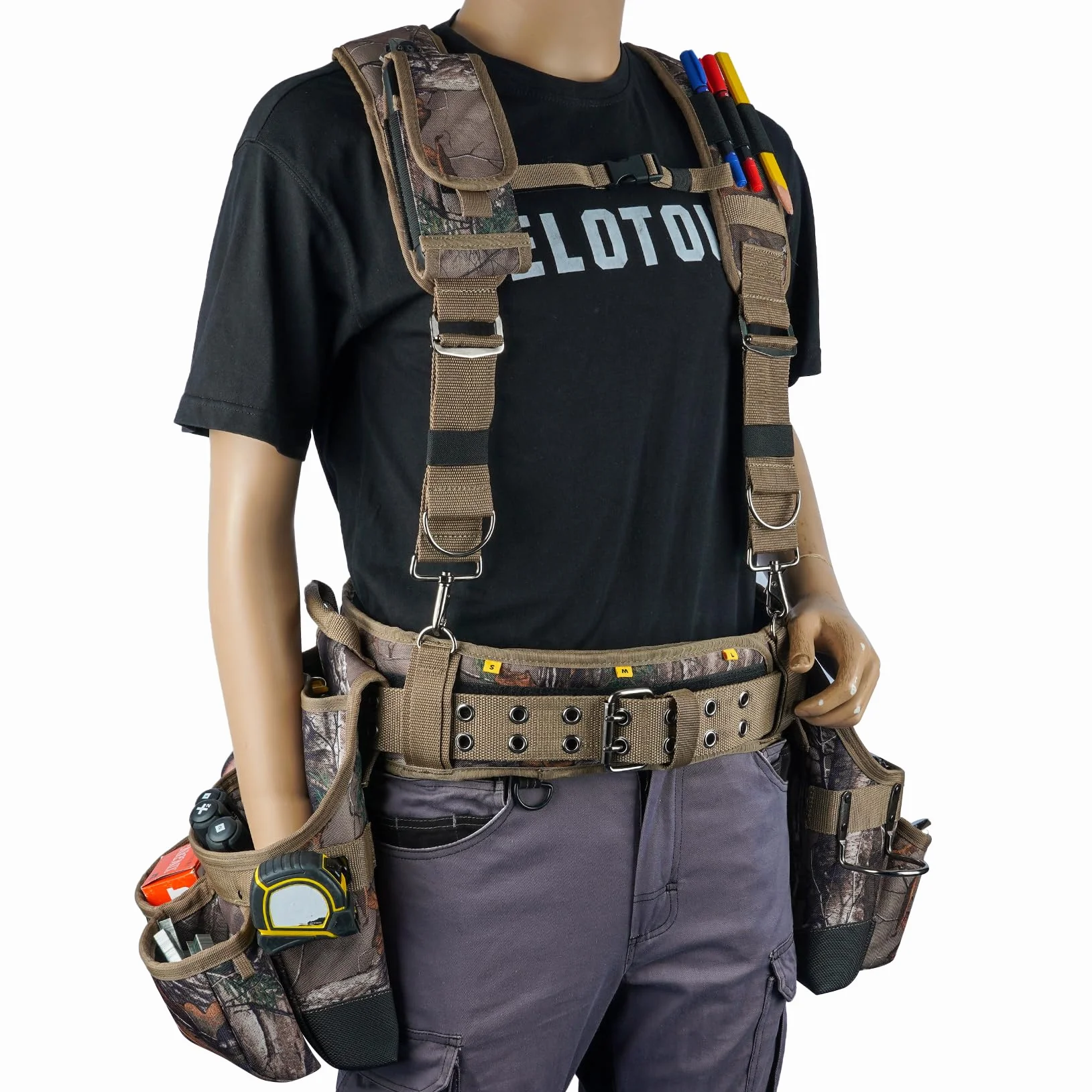 MELOTOUGH - Cinturón de herramientas con camuflaje y tirantes Bolso de herramientas con camuflaje y tirantes Combinación de peine, delantal, cinturón de herramientas, bolsa de herramientas para