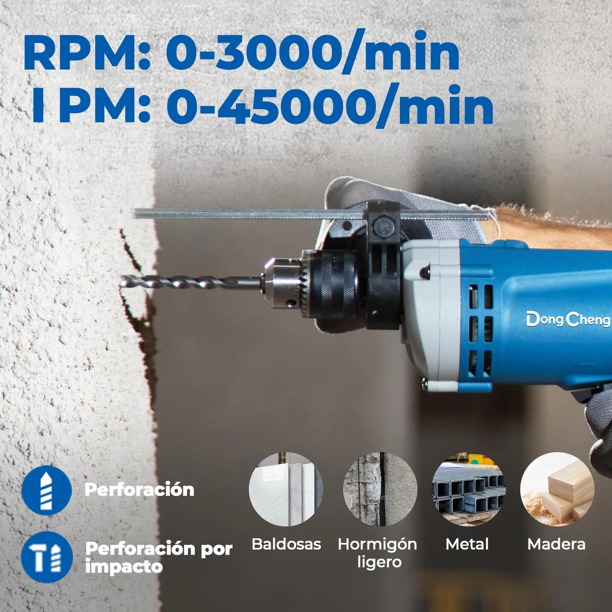 DongCheng - Taladro de percusión (710 W, 13 mm, taladro de percusión, 45,000 IPM, 3000 RPM con 15 coronas de perforación para metal, madera y hormigón