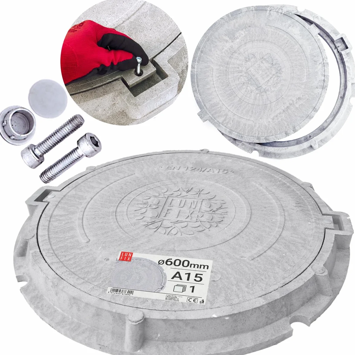 Tapa de arqueta redonda DN 600 mm gris claro clase A15 1,5t, Lun Fix | Polímero-sand resistente, tornillos antimanipulación, cubierta de registro para pozo de drenaje