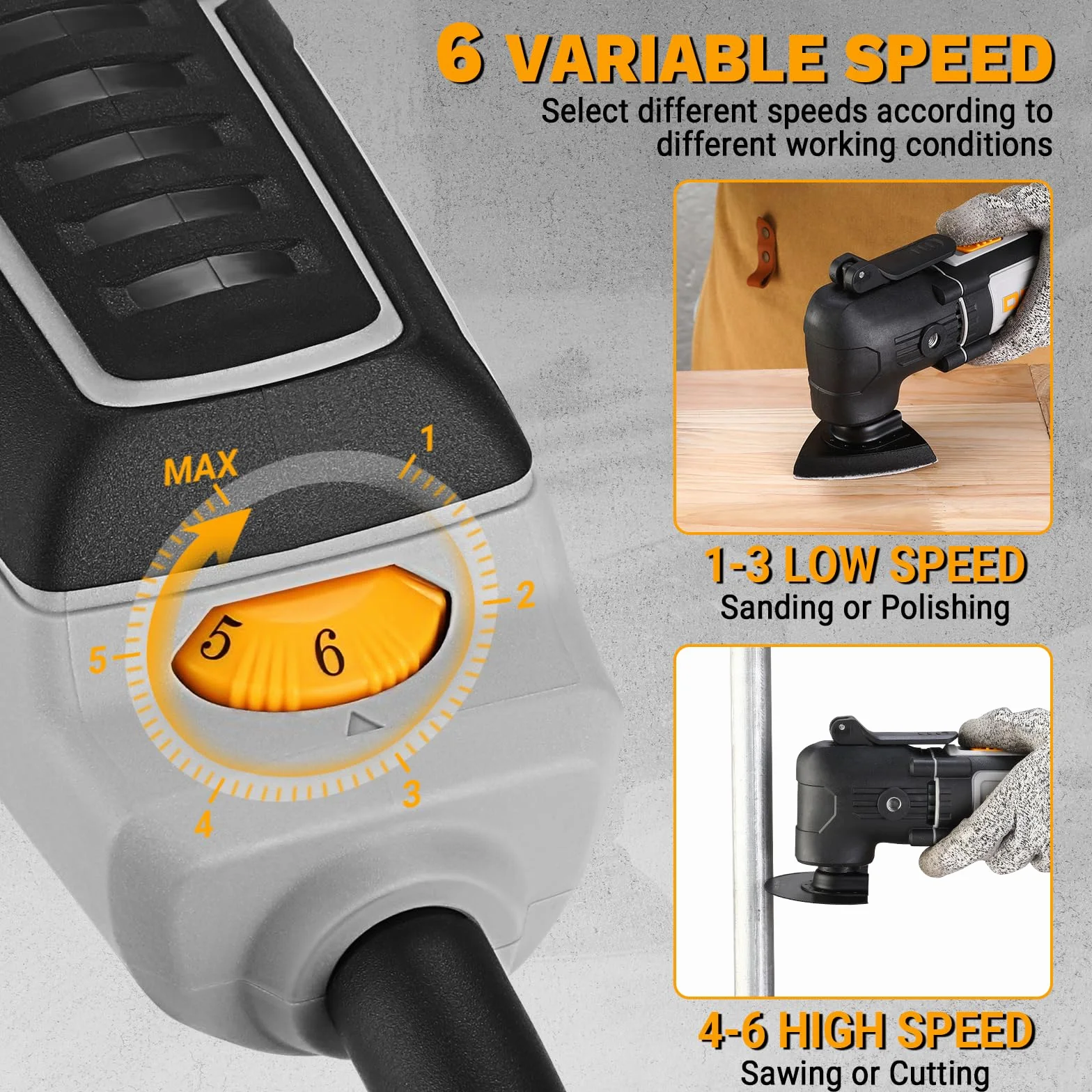 DEKOPRO Herramienta Multiherramienta oscilante de 300W, 15 000-22 000 rpm, Multitool Eléctrico con Cable, Control de 6 Velocidades, Incluye 20 Hojas de Lija, Apto para Madera, Plástico y Metal
