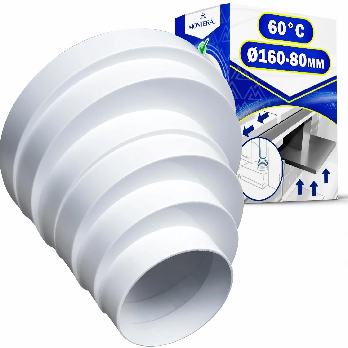 Manguito Reductor Tubo Campana Extractora Excéntrico para Tubo Redondo Ø 80-160 mm Temperatura de Trabajo 60°C - Garantía de 10 Años - MONTERAL