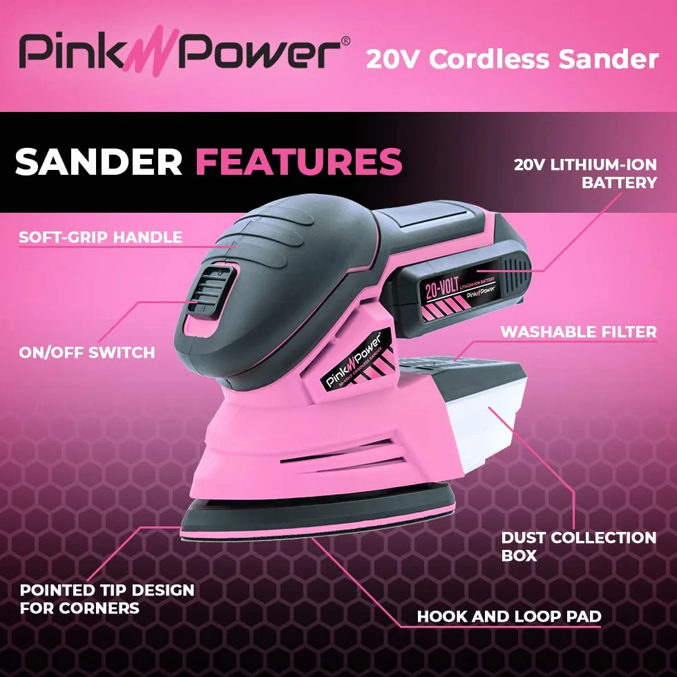 Pink Power Detail Sander - Lijadora de mano eléctrica inalámbrica de 20 V para muebles de madera, mini lijadora de palma con papel de lija, batería de iones de litio y cargador, pequeña lijadora de
