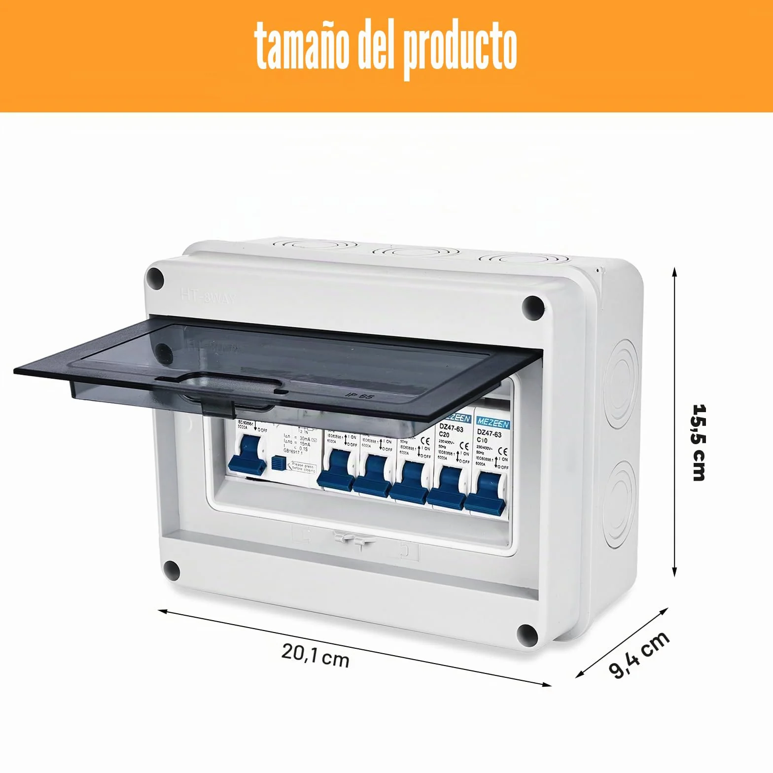 Nizirioo Caja de distribución de superficie IP65 resistente al polvo: interruptor automático de 63 A, interruptor de aire 2 x 6 A+10 A+20 A+32 A para jardín y exteriores