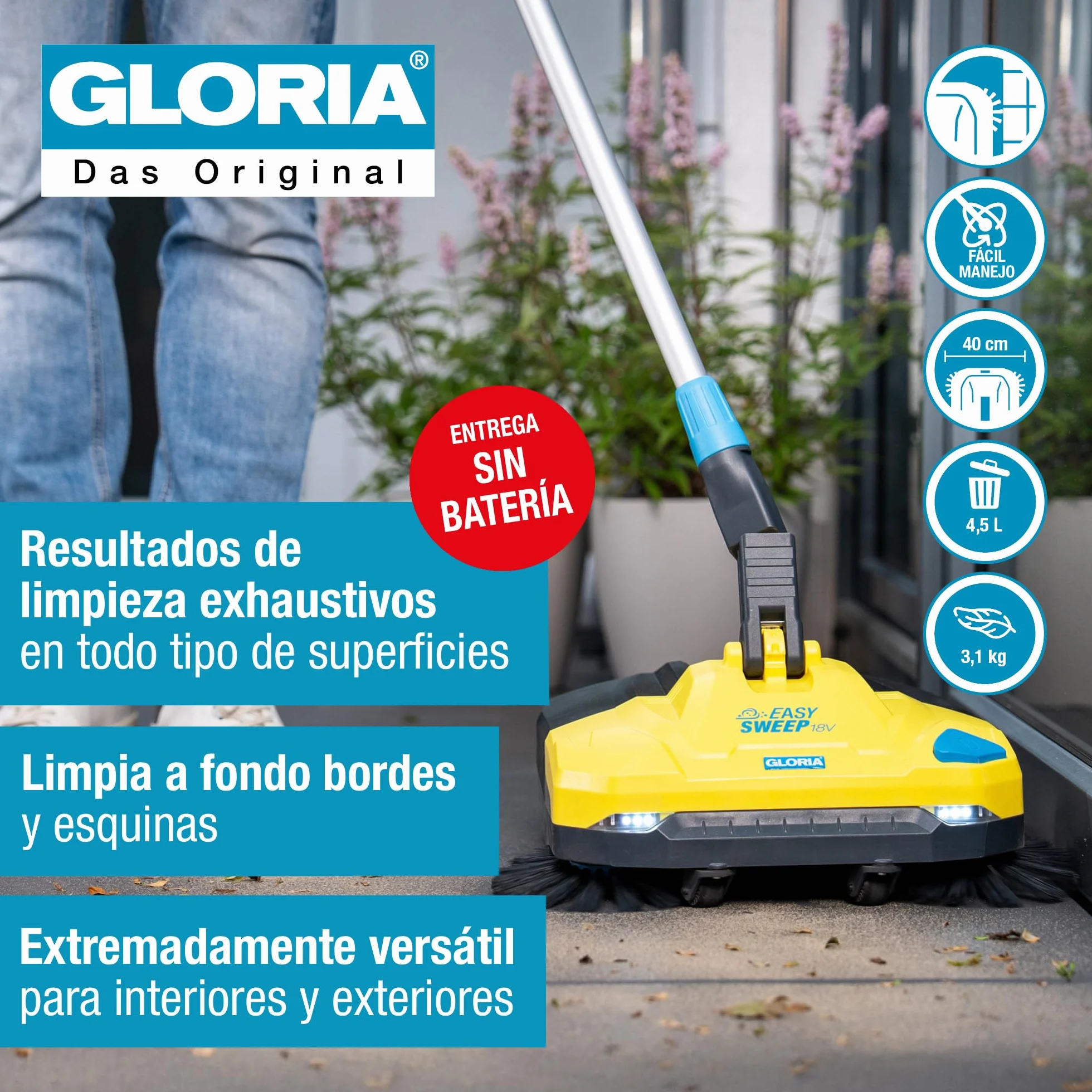 GLORIA Barredora de batería EasySweep 18V | Escoba eléctrica inalámbrica para interior y exterior | Entradas, aceras, terrazas, garajes y hojas | Compatible con Batería BOSCH 18V (no incluida)