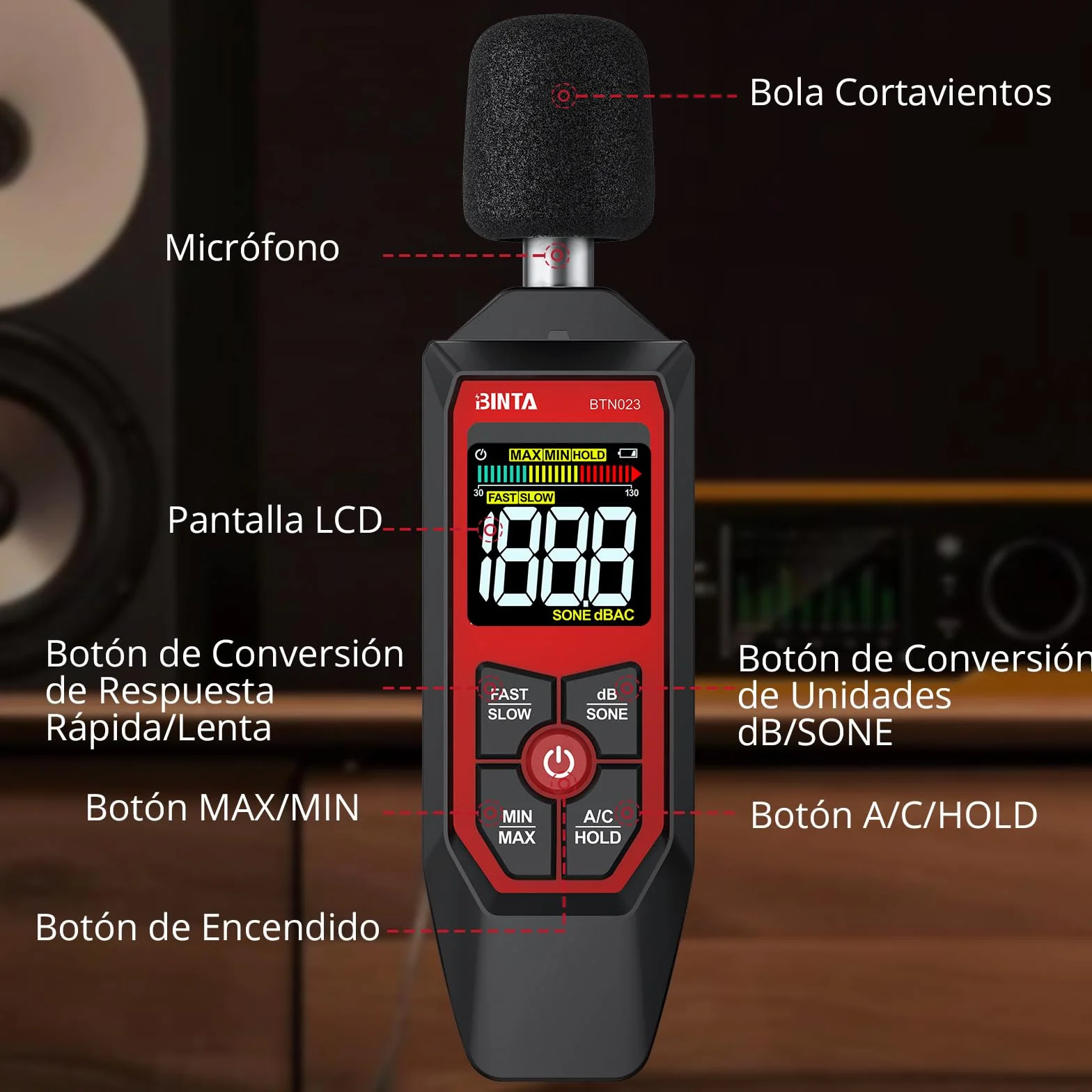 BINTA Sonómetro Digital Decibelímetro 30-130dB Ponderación A/C Max/Min dB/SONE