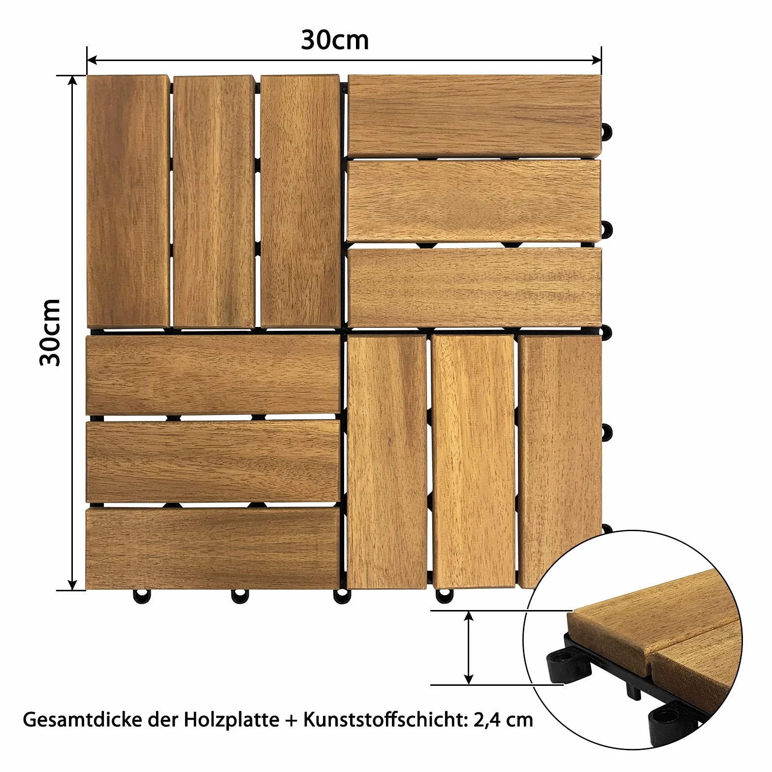 XMTECH Baldosas de madera de 1 m² con clic, de madera de acacia, azulejos de balcón, juego de 11 unidades, 30 x 30 cm, con sistema de drenaje y sistema de clic (modelo B)