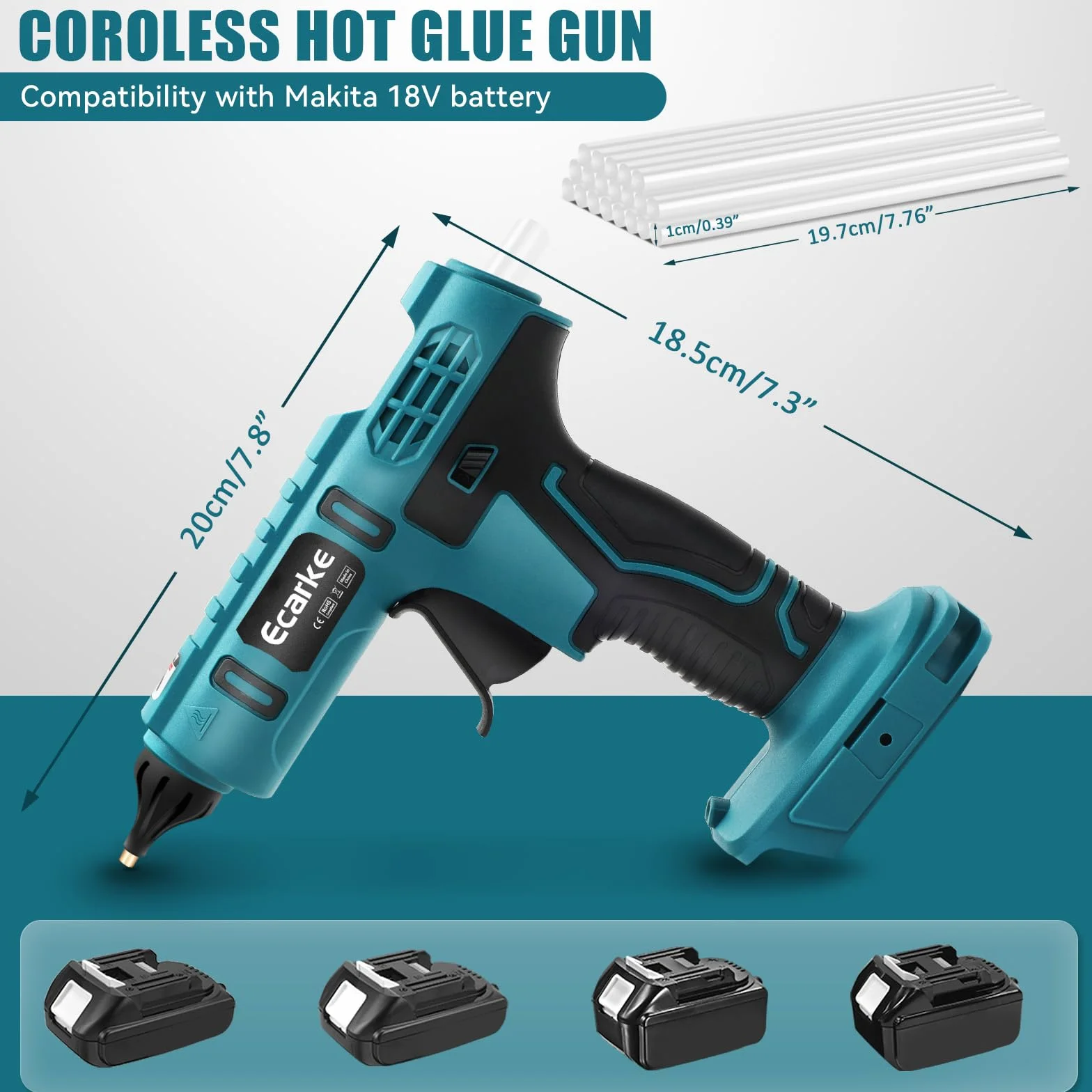 Ecarke Pistola de Pegamento Inalámbrica Compatible con Batería de Litio Makita 18V - Ideal para Reparaciones, Manualidades y Bricolaje - Incluye 20 Barras de Pegamento(Solo Herramienta)