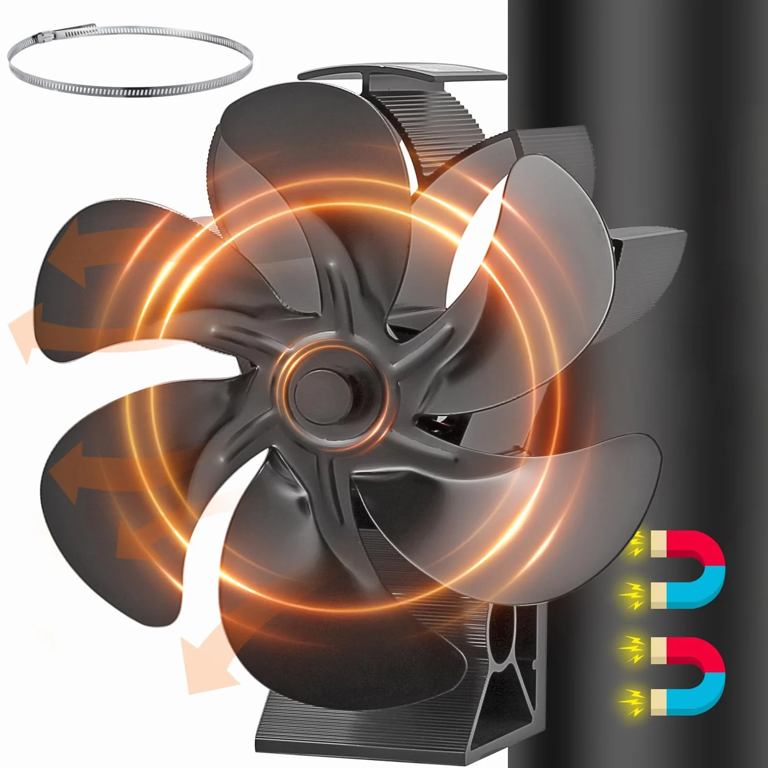 JossaColar Ventilador estufa leña Magnético 6 Aspas, ventilador chimenea leña con termómetro magnético, ventilador de chimenea, ventilador estufa