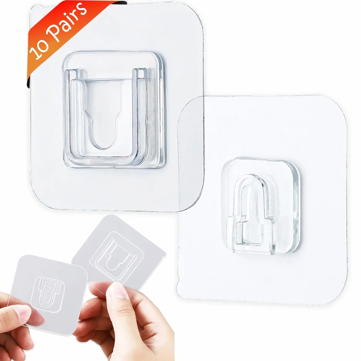 UBRAVE Ganchos autoadhesivos, 10 pares de ganchos de pared adhesivos de doble cara, ganchos impermeables sin costuras para colgar sin perforar y clavos, gancho de pared autoadhesivo resistente para