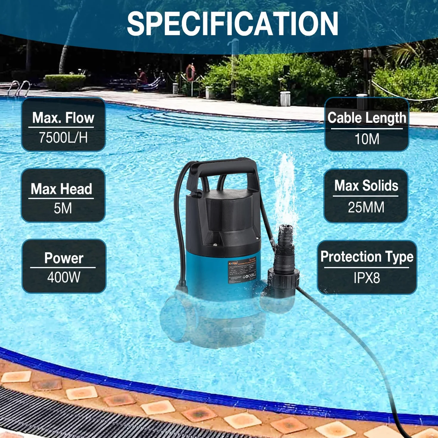 KATSU Tools Bomba de agua sumergible portátil de 400 W para agua limpia y sucia, bomba eléctrica para estanques de jardín, piscinas y zanjas