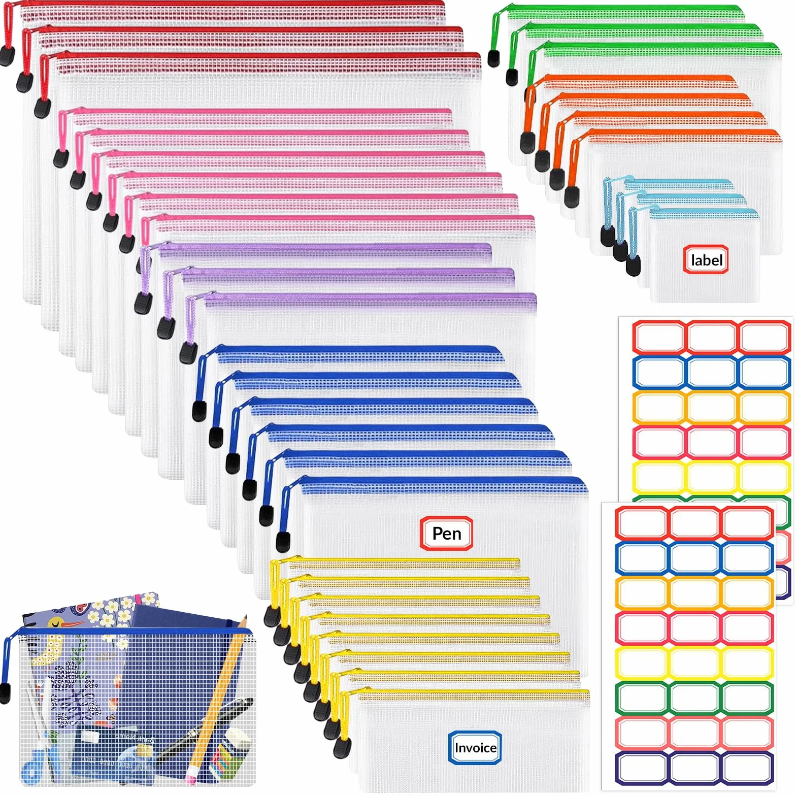 Bolsas para documentos impermeables con pegatinas, bolsas de malla con cremallera, multicolor, 8 tamaños