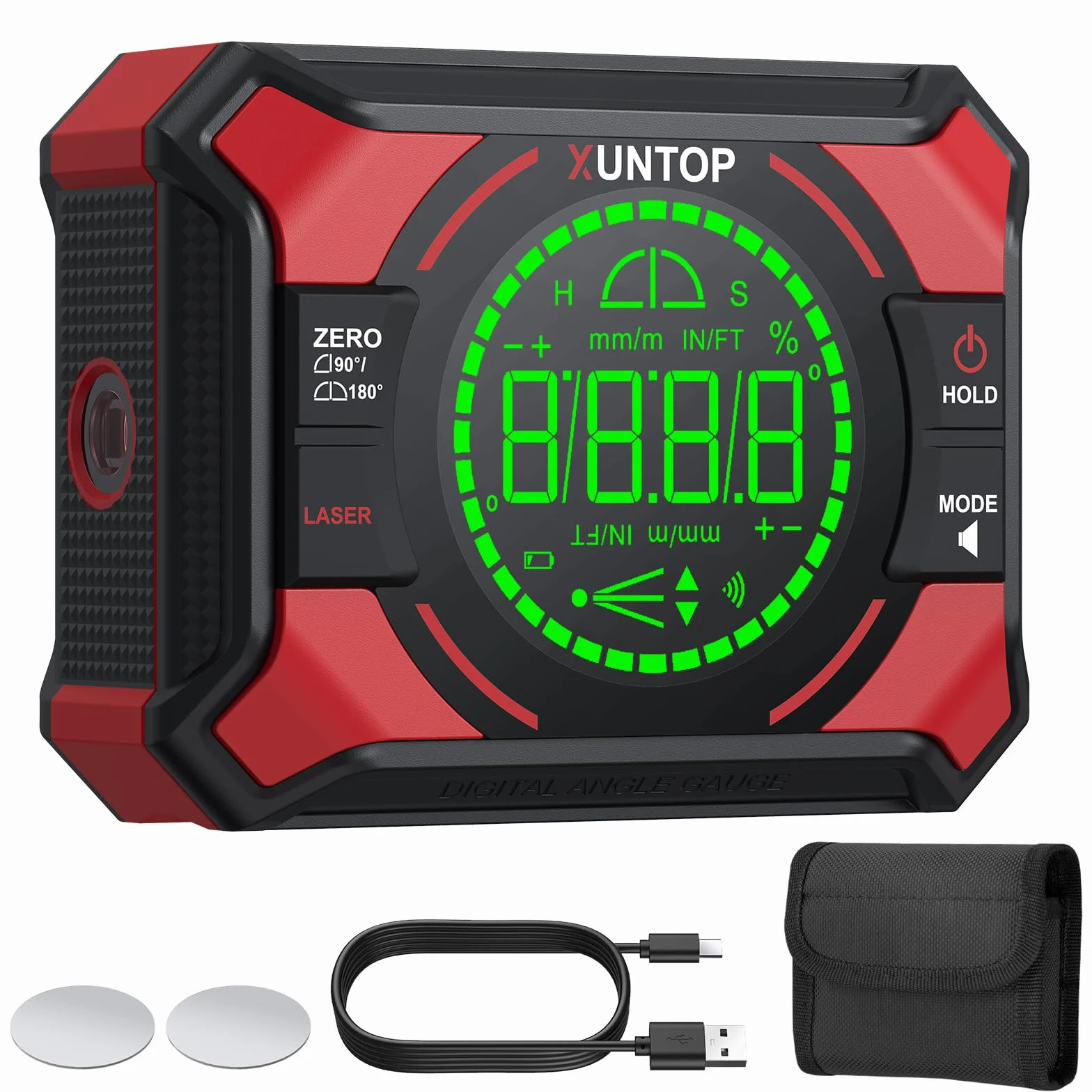 XUNTOP Inclinometro Digital 3 en 1 Caja de Nivel digital con Láser Cruzada Nivel Digital Magnetico Rango de 0-90° & 0-180° Interfaz Type-C para Carpintería, Sierras y Cuadros Colgantes