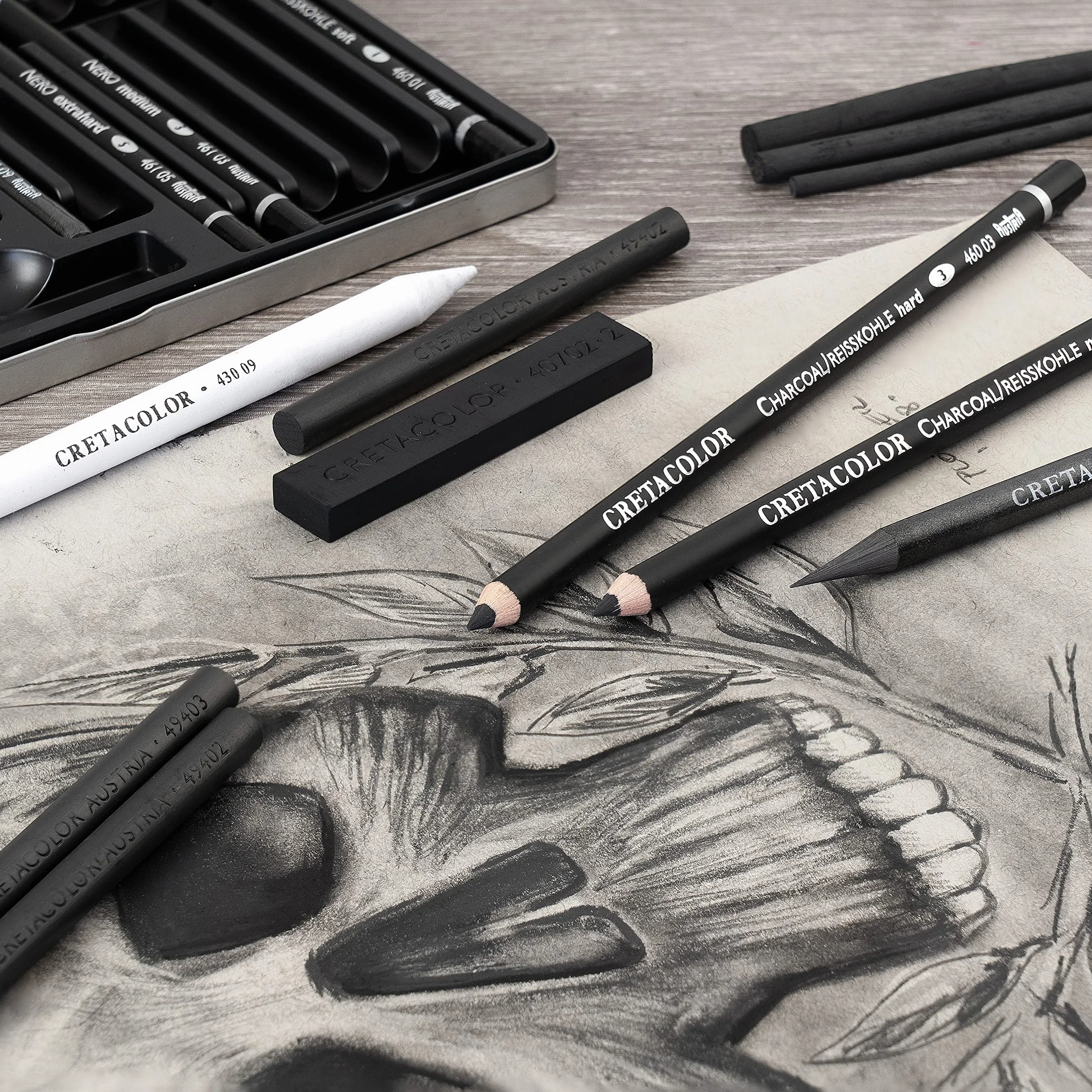 CRETACOLOR Black Box charcoal set de 20 piezas carboncillo y materiales de dibujo con goma de papel y goma amasada
