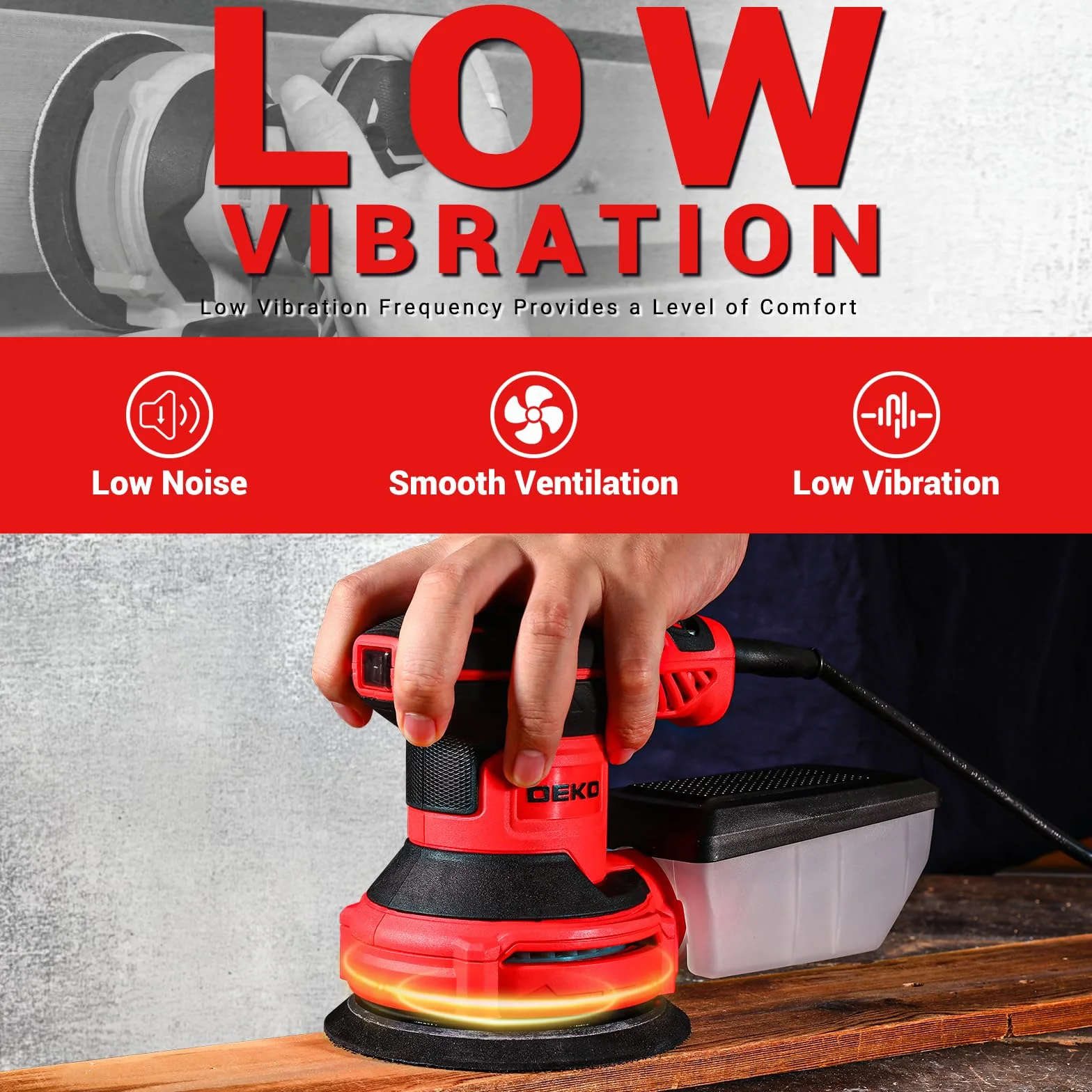 DEKOPRO Lijadora Orbital 300W, 6 ajustes de velocidad, 14000 rpm, adecuada para lijadoras eléctricas de madera, equipada con 16 hojas de lijado y 3 cepillos(Rojo)