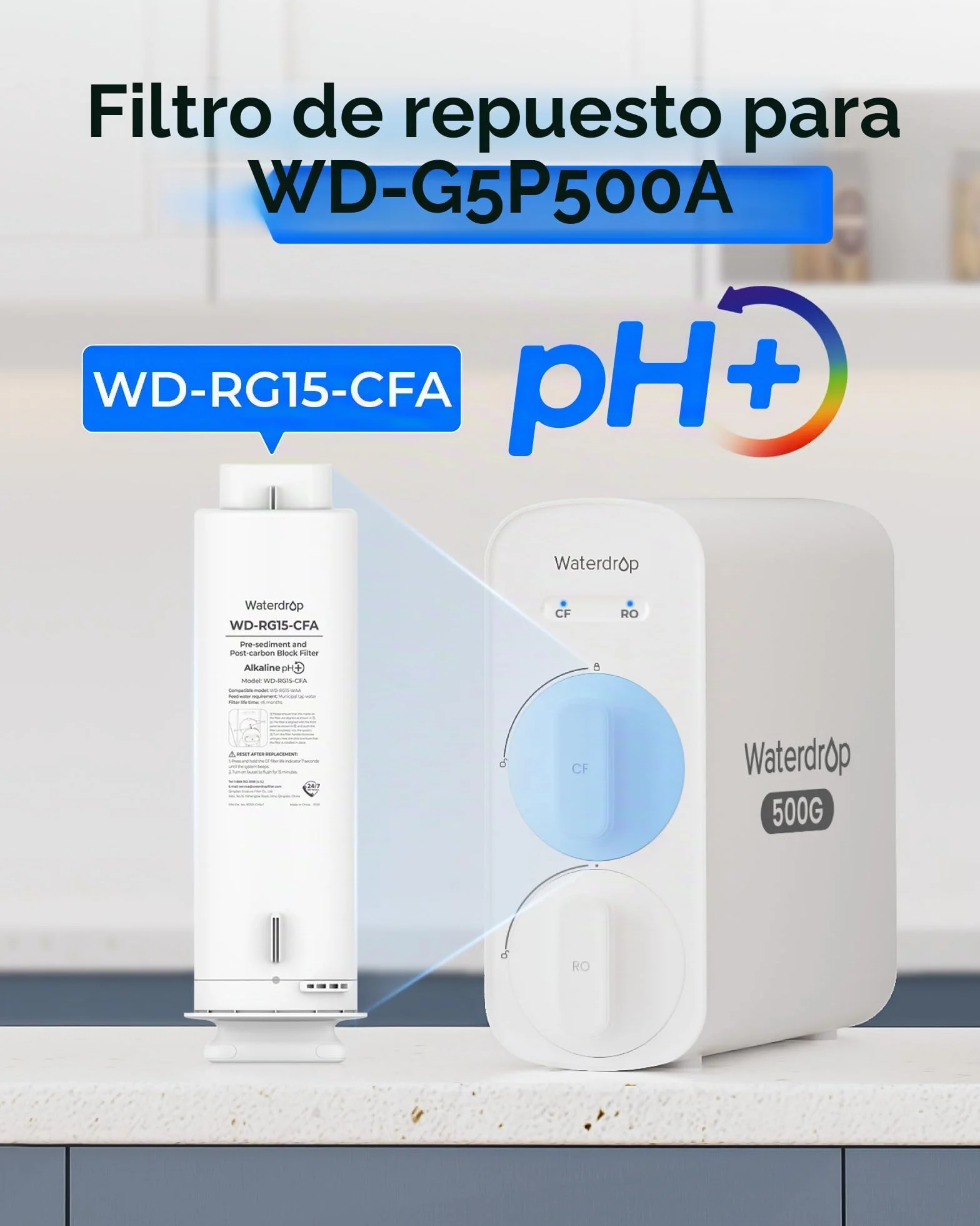 Waterdrop WD-G5P500A-CF Filtro, Repuesto para el Sistema de Ósmosis Inversa Bajo Fregadero WD-G5P500A, 6 Meses de Vida Útil