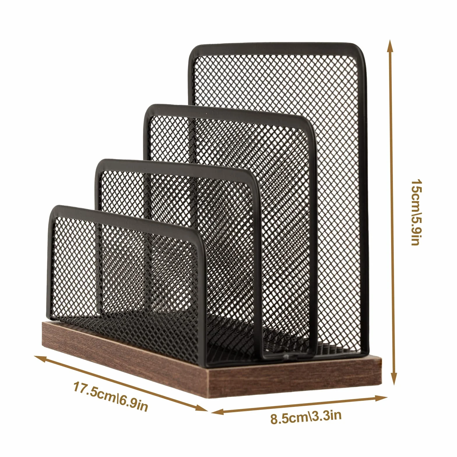 Organizador de correo de escritorio de madera y metal, 3 compartimentos verticales para archivos y cartas