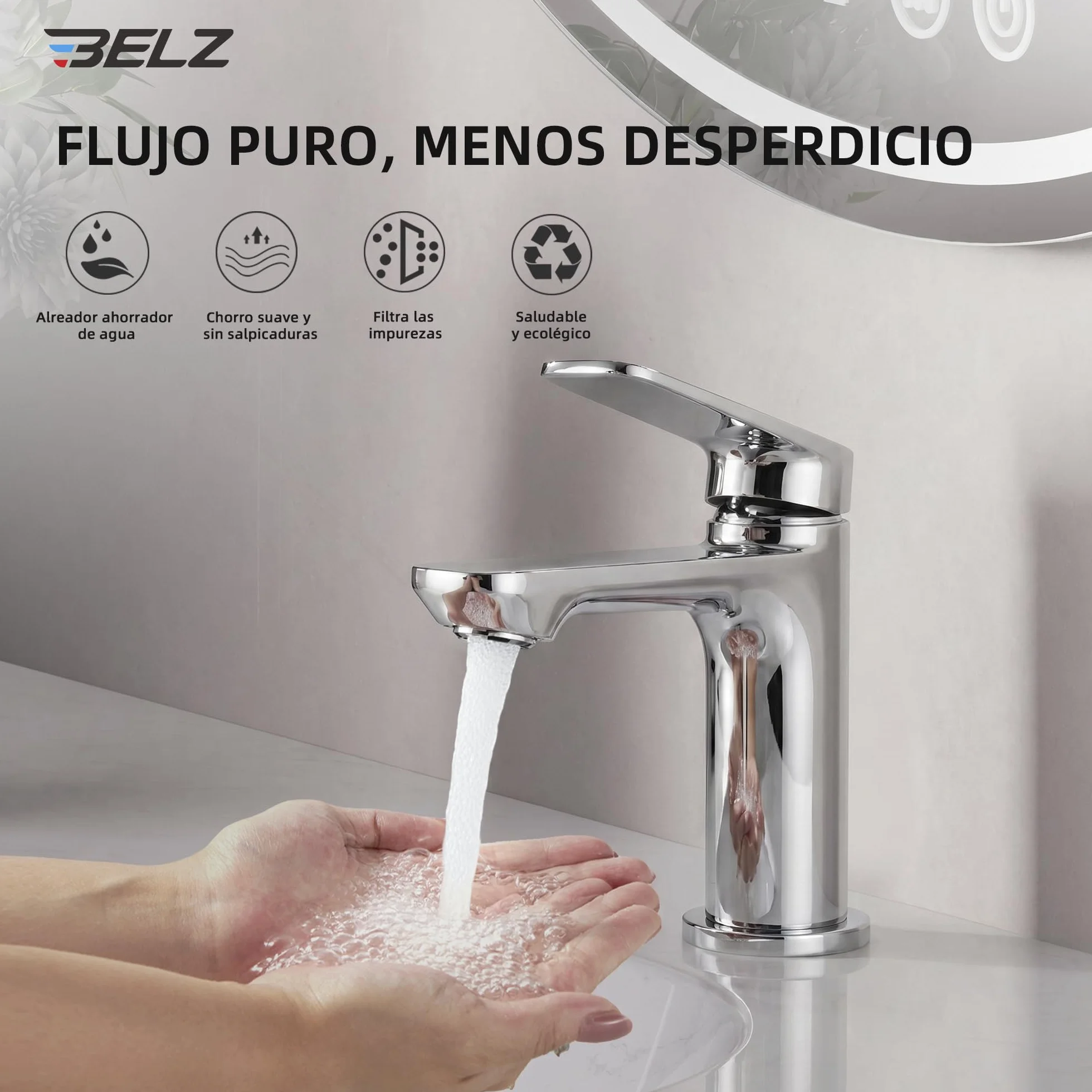 BELZ Grifo Lavabo, Grifo de Baño Monomando para Lavabo, Grifo Mezclador de Latón Sólido, Ahorrador de Agua y Duradero, Cromado