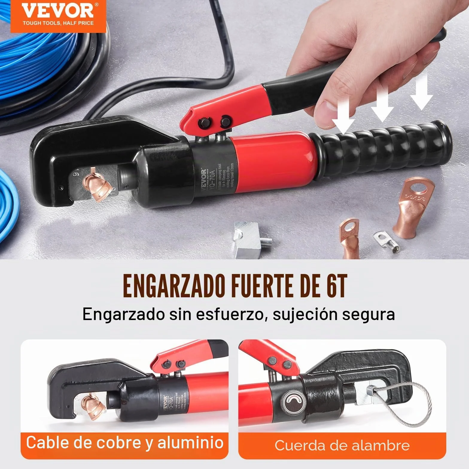 VEVOR Alicates de Corte 4-70 mm² Herramienta de Corte Hidráulico Aluminio y Cobre Cable de Batería AWG12-2/0 con Cortador de Cable Par de Guantes 50 Conectores Anillo de Cobre para Electricistas
