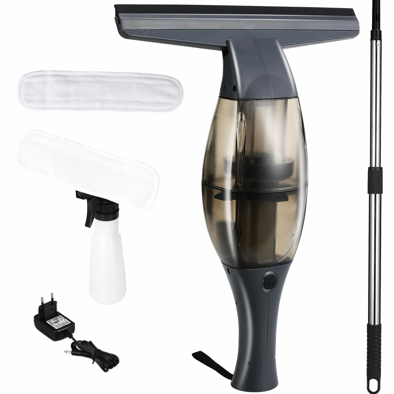 Limpiador Ventanas Eléctrico,Limpiacristales eléctrica,Aspirador Ventana con mango telescópico,boquilla succión 28 cm,botella pulverizadora con funda microfibra para limpieza sin rayas 360° (Negro)