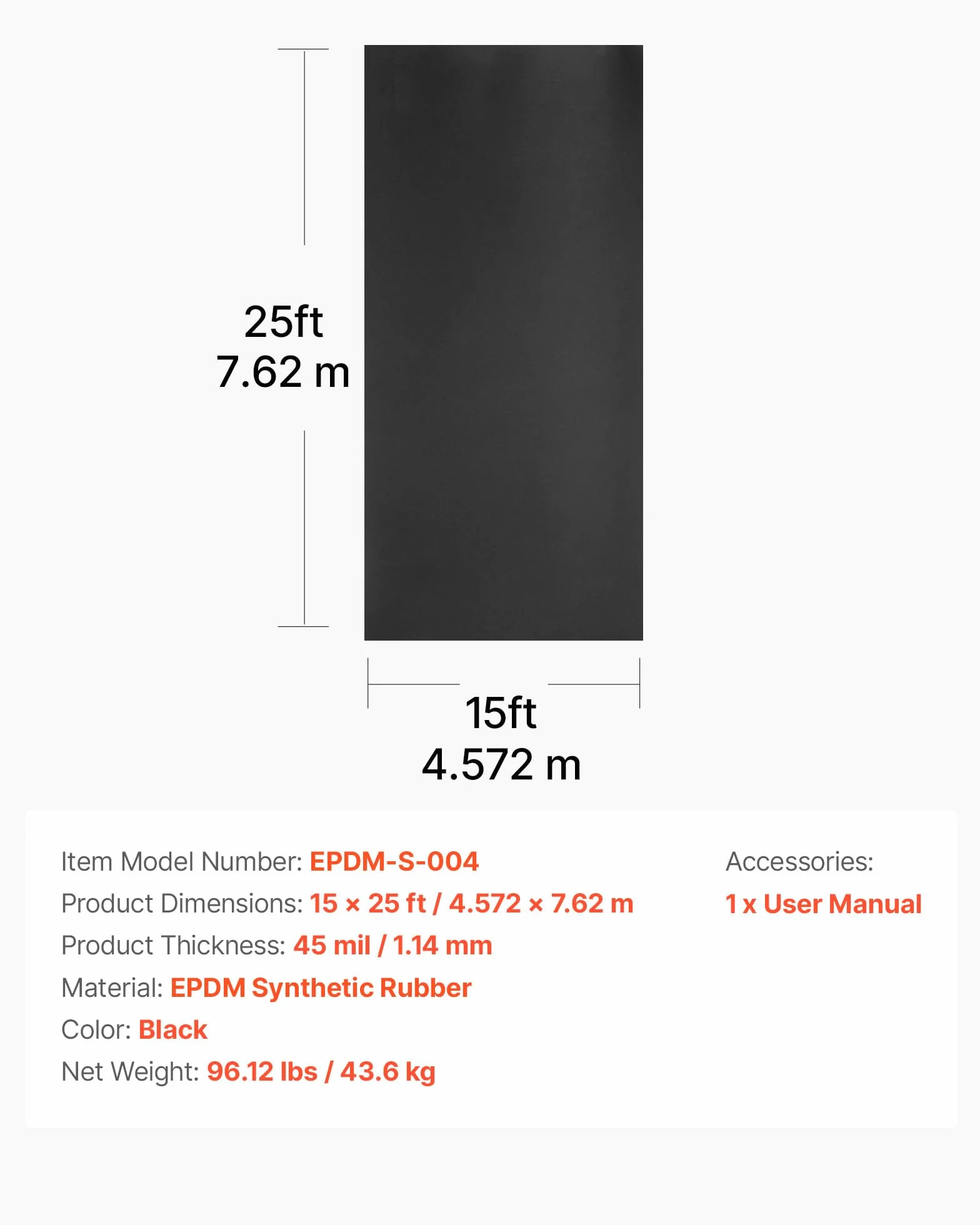 VEVOR Membrana para Techos 4,572 x 7,62 m, Lámina de EPDM de 1,14 mm, Impermeabilización de Cocheras, Duradera y Resistente a la Intemperie, Base para Autocaravanas, Techos y Estanques, Negro