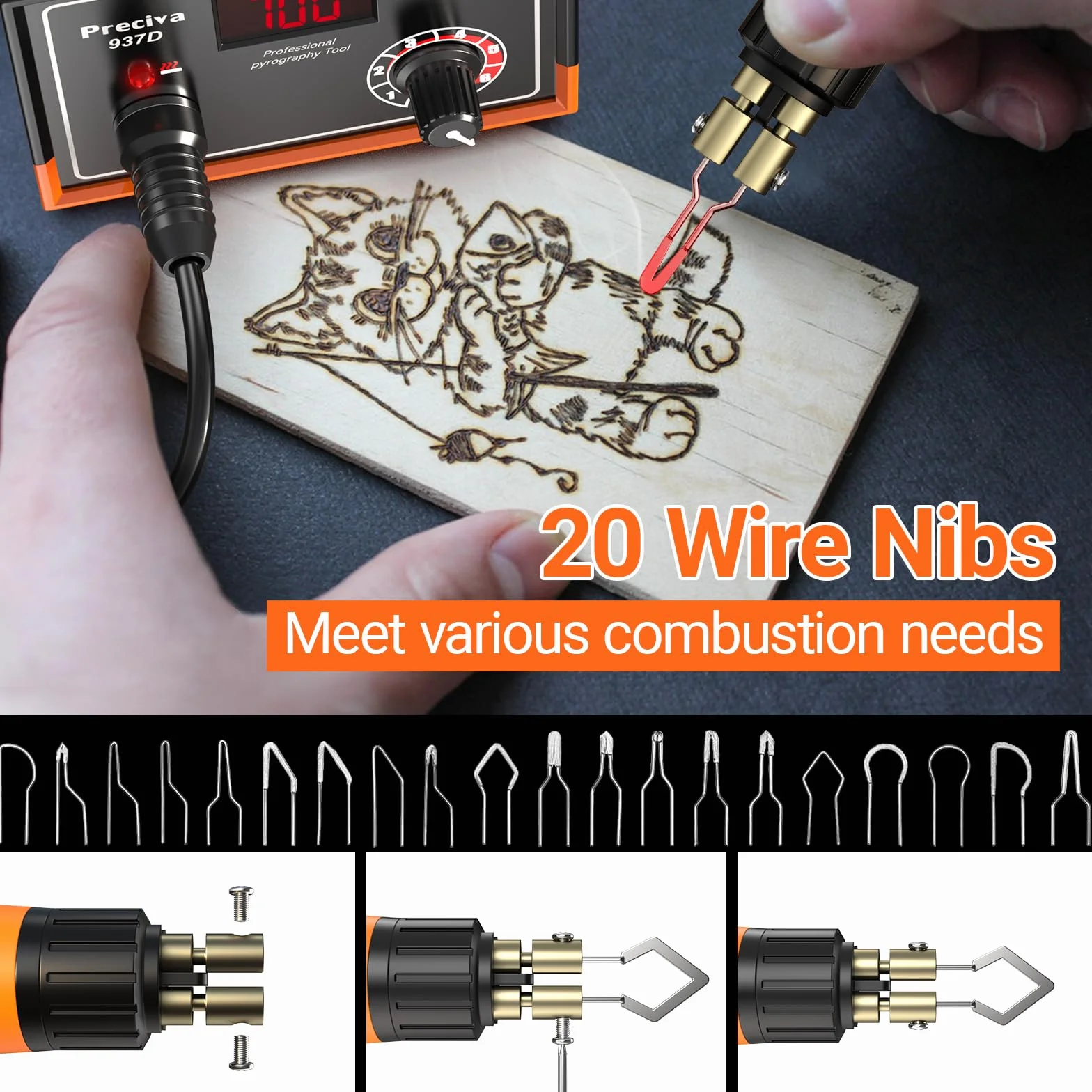 Preciva Pirograbador de Madera 25W 250-700°C con Pantalla Digital, Temperatura Ajustable, 20 Puntas Intercambiables, Estación de Pirograbado, Pirografo para Madera, para Madera y Cuero DIY