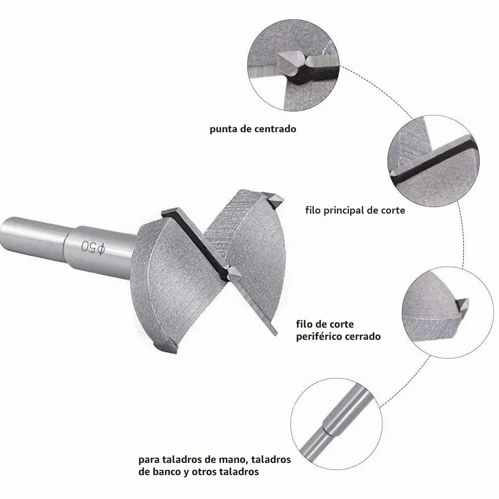 Flintronic Broca Forstner para Madera, Diámetro 50mm, Hole Saw Taladro, Acero al Tungsteno Titanium Recubierto, Corte Agujero en Carpintería, 1PCS