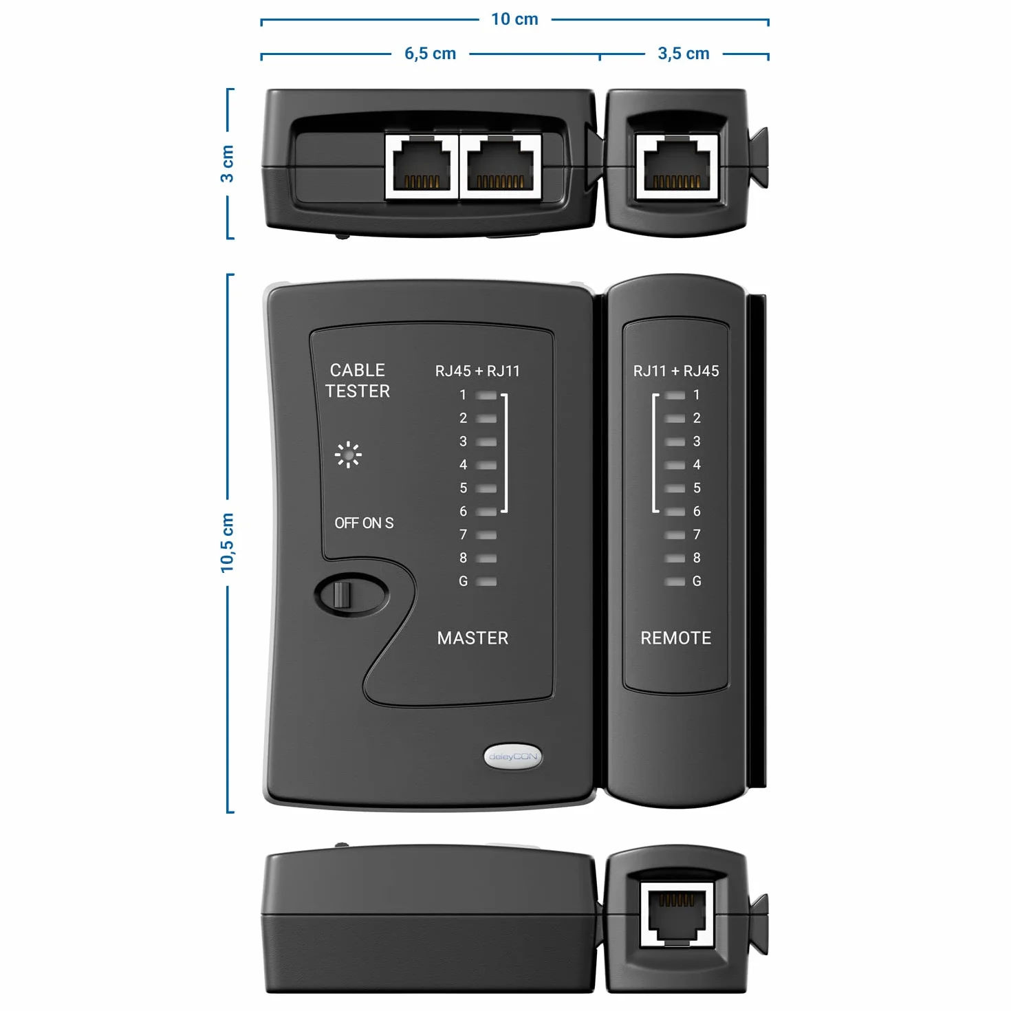 deleyCON Probador de Cable de Red RJ11 RJ12 RJ45 ISDN LAN Cable de Red Cable de Conexión CAT6 CAT7 CAT8 Comprobador de Cables - Negro