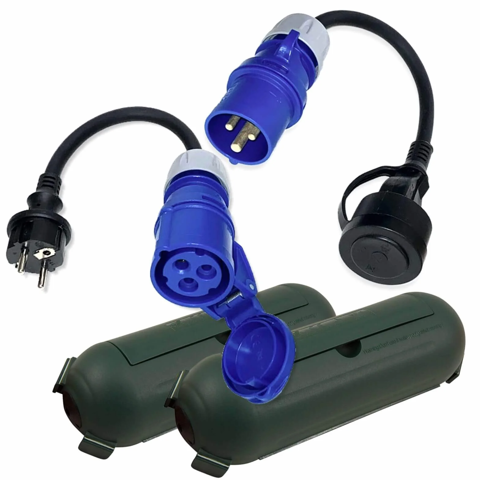 Juego de Cables adaptadores CEE para Camping con Caja Protectora 0,3 m, para Camping, Barco, Caravana, Autocaravana, Cable H07RN-F 3 x 2,5 mm² 230V 16A IP44, Adaptador Camping Proteccion