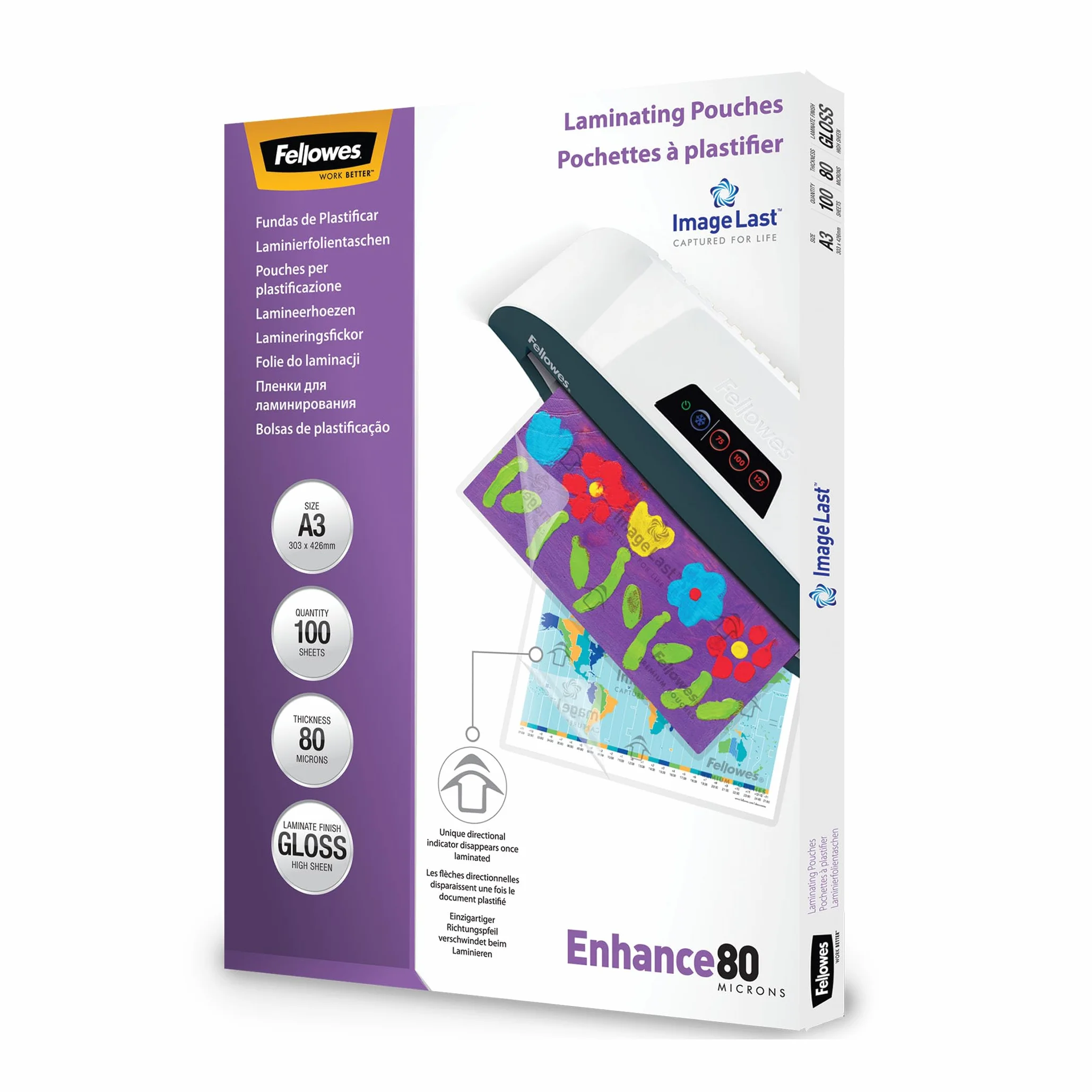 Fellowes pack 100 fundas plastificar A3 brillo 80 micras