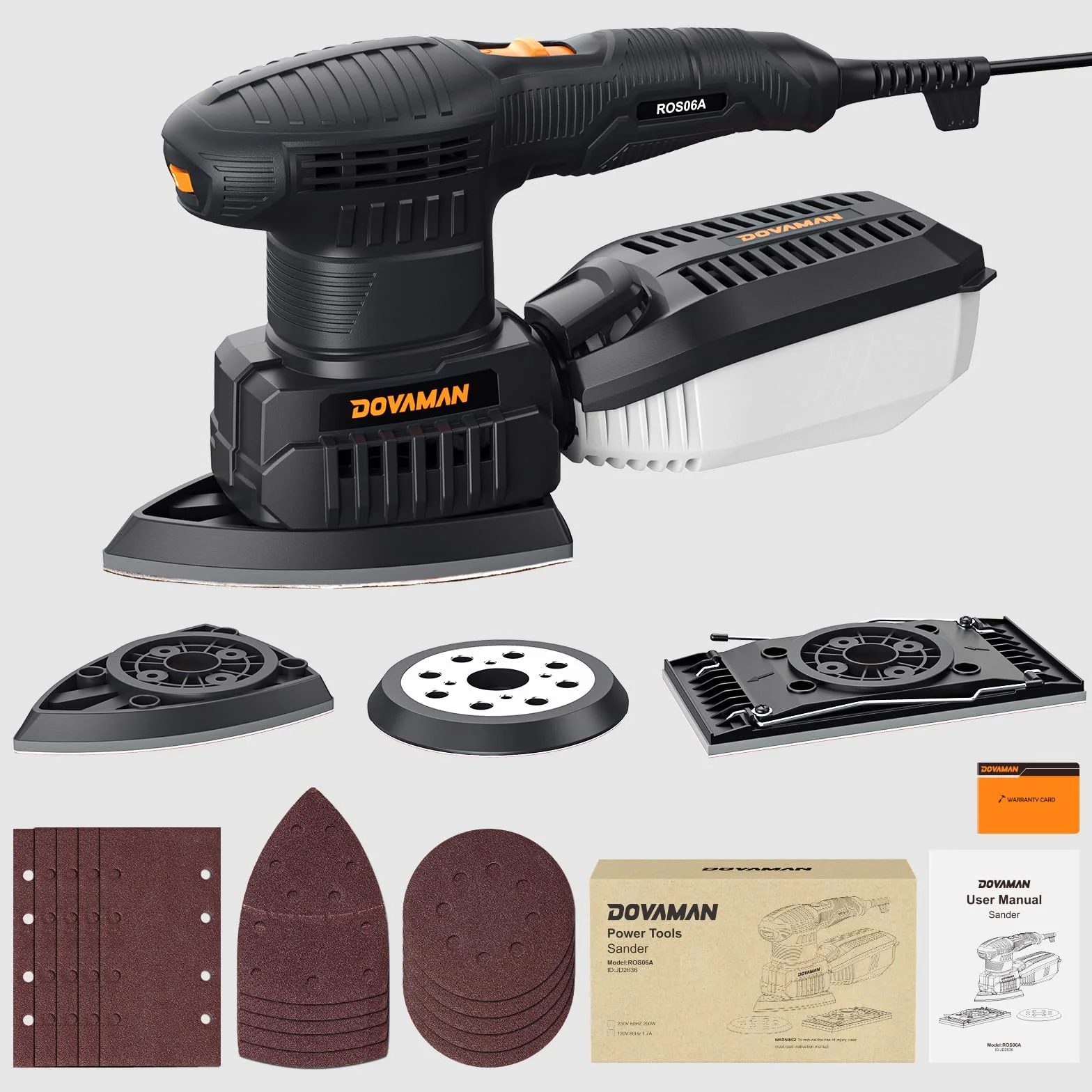 DOVAMAN ROS06A Lijadora Multifunción 3 en 1, 200W Multilijadora, 6 Velocidades, 15 Papeles de Lija, Baja Vibración, Recogida de Polvo, Lijadora Orbital, Excéntrica y de Detalle para Madera y Acero