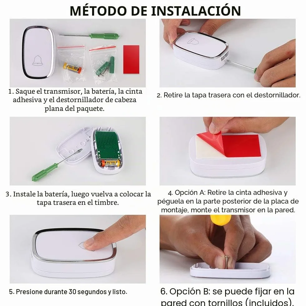 Timbre Inalámbrico Impermeable para Puerta, Receptor y 1 Transmisor, 300m, Blanco