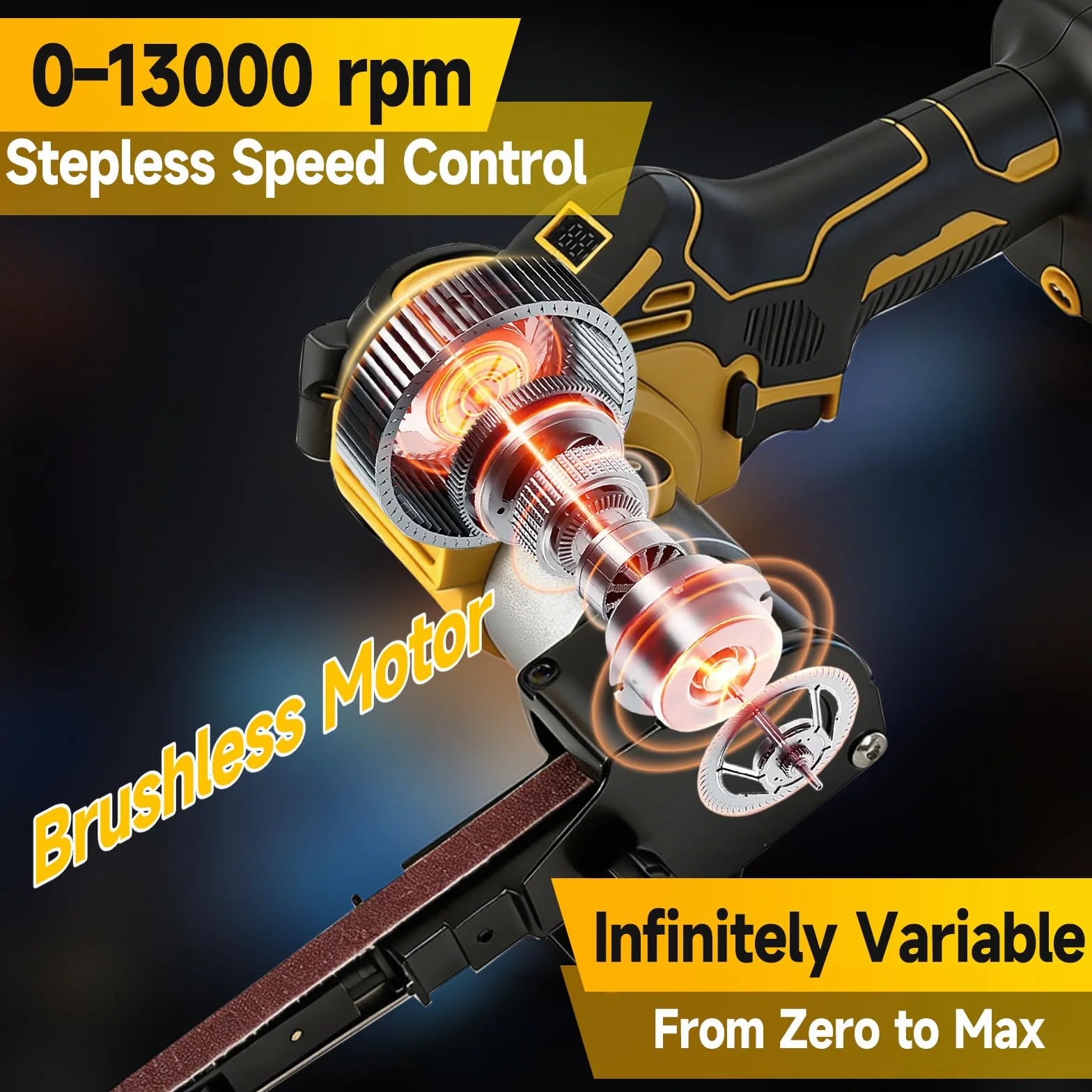 Lijadora de banda inalámbrica compatible con batería Dewalt de 20 V, amoladora de banda ajustable de 0 a 13000 rpm, 360° sin escobillas con 20 bandas de lijado para madera, metal y plástico (amarillo