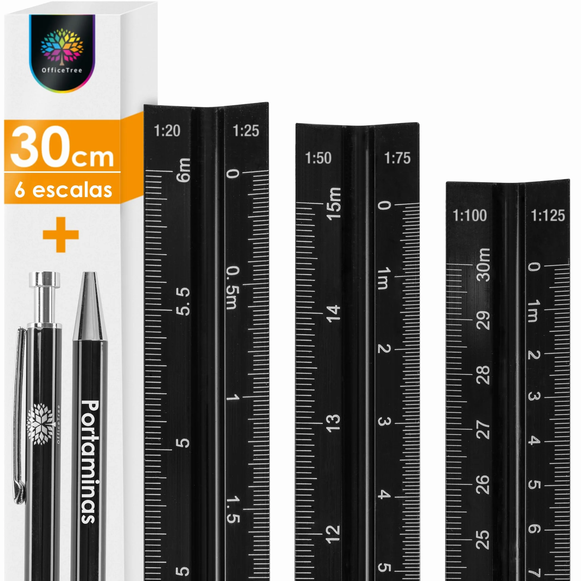 OfficeTree Escalimetro Profesional Regla Triangular 30cm Aluminio Escala 1/50-1/125 Dibujo Tecnico