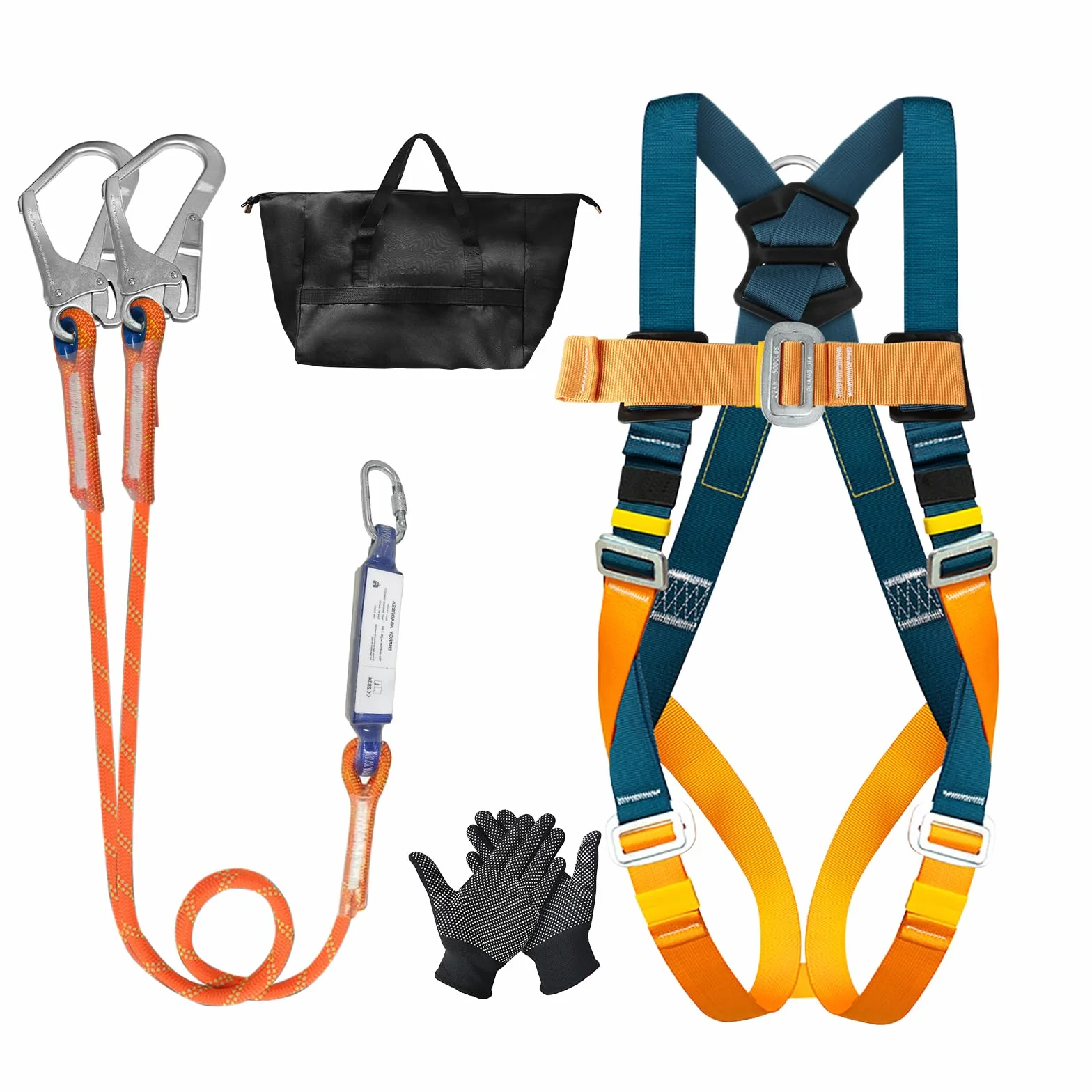 Arnés de seguridad EN 361/354/355, carga máxima 140 kg, doble cuerda 1,8 m, protección caídas